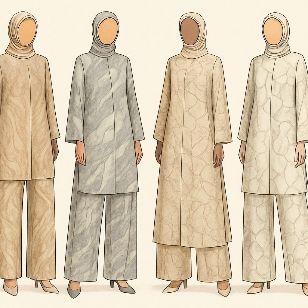 Create a modest two piece loose pant and long dress , first of its kind, featuring a unique stone design that exudes a classy and sophisticated vibe. I'd like four designs, each showcasing different styles and fabrics. Incorporate high-end, unique chic stone designs to make them truly special. Add little sophisticated stone designs. Make it irresistible!

Create a modest two piece loose pant and long dress , first of its kind, featuring a unique stone design that exudes a classy and sophisticated vibe. I'd like four designs, each showcasing different styles and fabrics. Incorporate high-end, unique chic stone designs to make them truly special. Add little sophisticated stone designs. Make it irresistible!