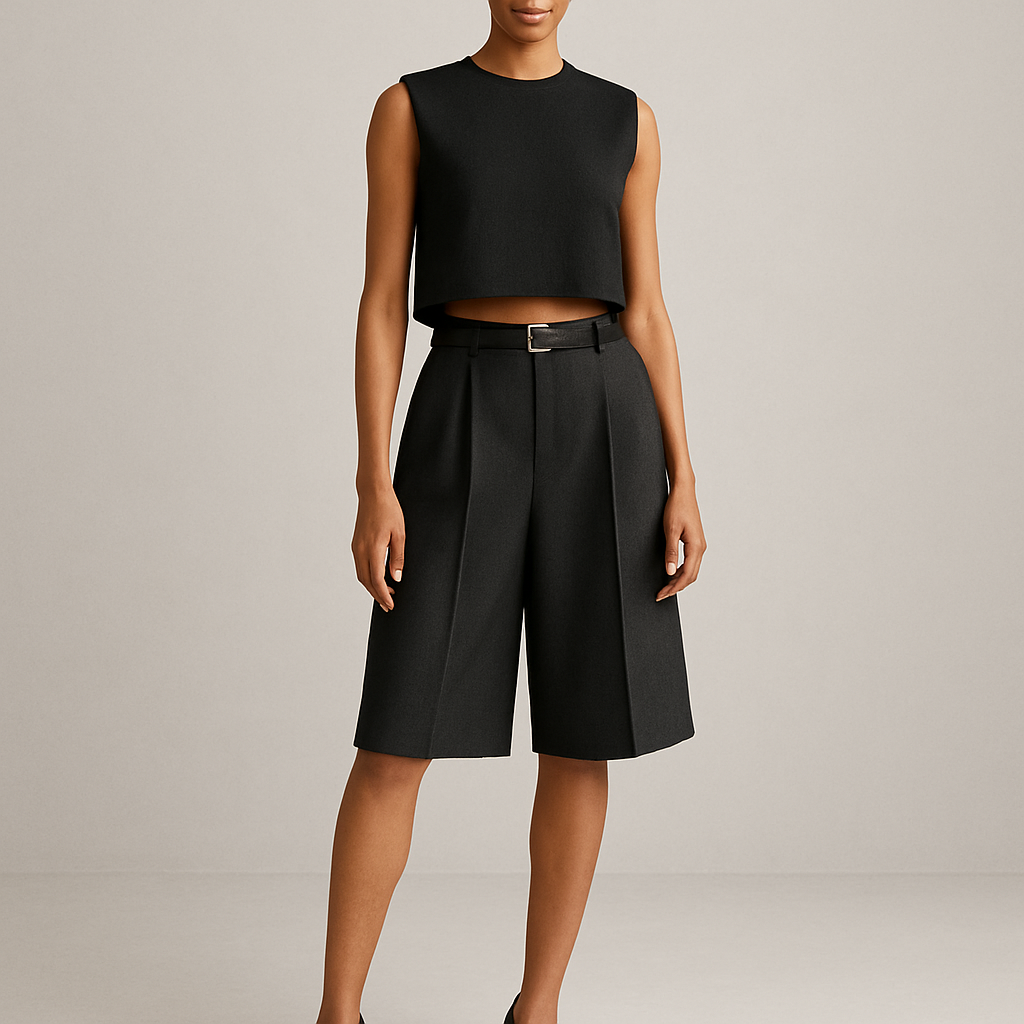 Cropped boxy sleeveless shirt with oversized below knee basketball shirt shorts  without jacket. Show head to toe 

Cropped boxy sleeveless shirt with oversized below knee basketball shirt shorts  without jacket. Show head to toe , business style