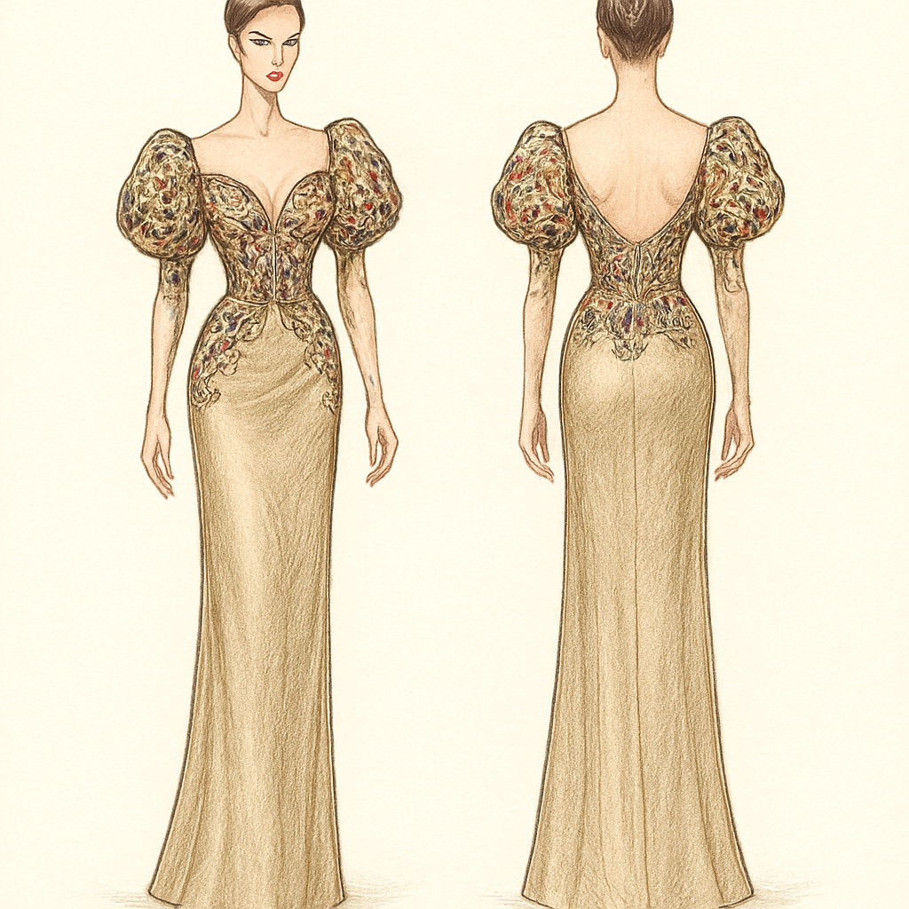 I wont a dress couture .
The upper part volume on the bust sexy embroidered modern and beads . 
Color gold silver red green purple…
Skirt long skirt straight 

I wont a dress couture .
The upper part volume on the bust sexy embroidered modern and beads . 
Color gold silver red green purple…
Skirt long skirt straight , vintage style, show front and back