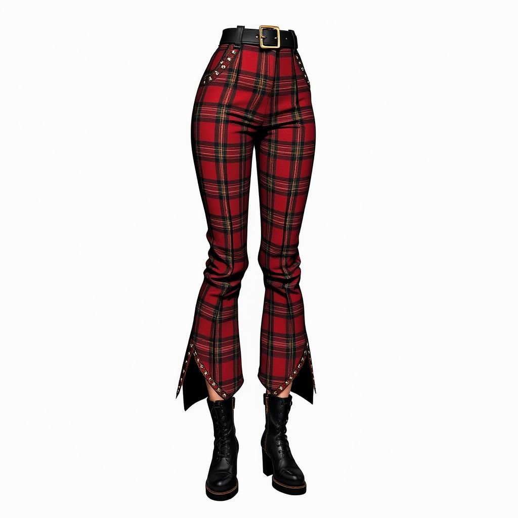 Retro but classy pants
Design a pair of retro-classy pants with an edgy twist. Think high-waisted, structured pleats in a bold plaid pattern, adorned with metal studded detailing along the seams. Incorporate asymmetrical cuts at the hem, contrasting leather patches, and edgy hardware accents. Complete the look with a statement belt and chunky ankle boots.