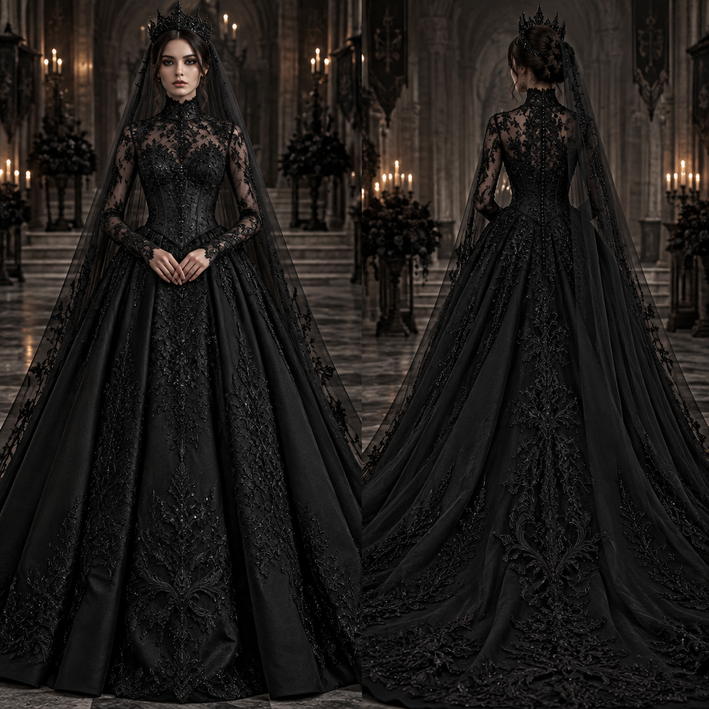 Elegant black gothic wedding dress, luxurious dark romantic aesthetic, full-length dramatic skirt, fitted corset bodice, high lace neckline like a turtleneck, delicate black lace sleeves, refined black embroidery, subtle black gemstones on the bodice, no white details, no pink, no cleavage, sophisticated and mysterious silhouette, royal gothic bride, medieval castle wedding inspiration, black veil and elegant crown, beautiful detailed craftsmanship, realistic high-fashion bridal design, front and back view, full body, professional fashion illustration, pure black color palette, dark romantic luxury.
photorealistic fashion design, Elegant black gothic wedding dress, luxurious dark romantic aesthetic, full-length dramatic skirt, fitted corset bodice, high lace neckline like a turtleneck, delicate black lace sleeves, refined black embroidery, subtle black gemstones on the bodice, no white details, no pink, no cleavage, sophisticated and mysterious silhouette, royal gothic bride, medieval castle wedding inspiration, black veil and elegant crown, beautiful detailed craftsmanship, realistic high-fashion bridal design, front and back view, full body, professional fashion illustration, pure black color palette, dark romantic luxury., gothic style, just the design no text, show front and back