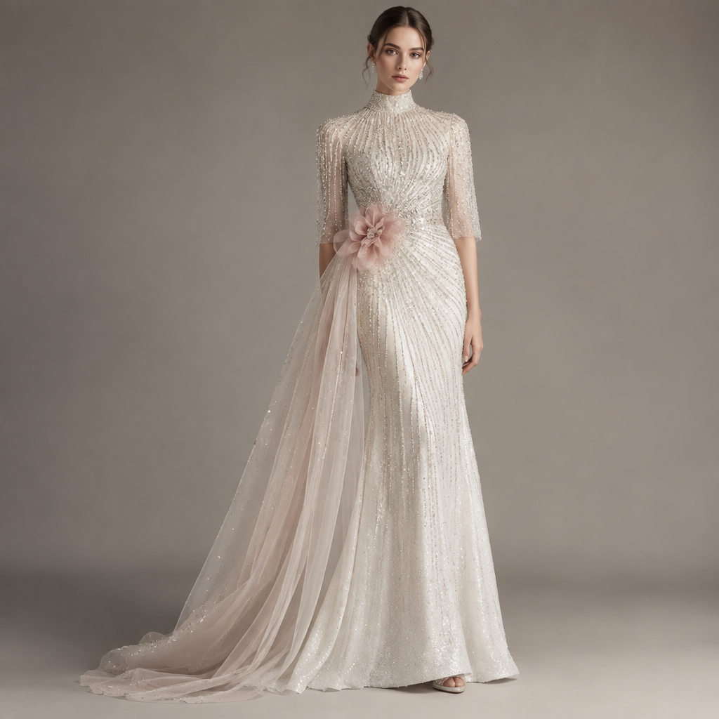 photorealistic fashion design, A Female Dress design, with modest, full coverage: longer hemlines, higher necklines and covered shoulders, suitable for Fall. قم بتصميم فستان ابيض اللون و لامع مرصع بالماس من خاصريه و حتى العنق و تكون هناك قطعة قماش متصلة به من أحد خاصريه تكون هذه القطعة شفافة و اجعل اكمامه تصل حتى الأكواع مع وضع شريط بشكل زهرة من أربعة اوراق على إحدى الخاصرين و يكون لونها ورديا باهتا يتناسب مع الفستان Present it as professional fashion catalogue photography: the garment is the subject, shown full-length with editorial styling, neutral posing and tasteful, non-suggestive framing., just the design no text. Refinement: اجعل حذاء الفتاة واضحا و لو قليلاً
photorealistic fashion design, photorealistic fashion design, A Female Dress design, with modest, full coverage: longer hemlines, higher necklines and covered shoulders, suitable for Fall. قم بتصميم فستان ابيض اللون و لامع مرصع بالماس من خاصريه و حتى العنق و تكون هناك قطعة قماش متصلة به من أحد خاصريه تكون هذه القطعة شفافة و اجعل اكمامه تصل حتى الأكواع مع وضع شريط بشكل زهرة من أربعة اوراق على إحدى الخاصرين و يكون لونها ورديا باهتا يتناسب مع الفستان Present it as professional fashion catalogue photography: the garment is the subject, shown full-length with editorial styling, neutral posing and tasteful, non-suggestive framing., just the design no text. Refinement: اجعل حذاء الفتاة واضحا و لو قليلاً , just the design no text