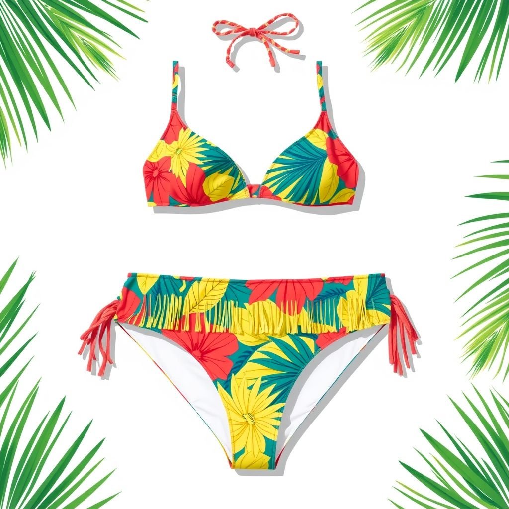 בגד ים ביקיני בסגנון של maaji
Design a vibrant summer bikini, inspired by Maaji, featuring playful tropical prints and dynamic colors like coral, sunlit yellow, and ocean blue. Incorporate unique cutouts and layered textures for a trendy beach vibe. Add elements like fringe or tassels for a fun, flirty touch, celebrating the essence of sunny days by the sea.