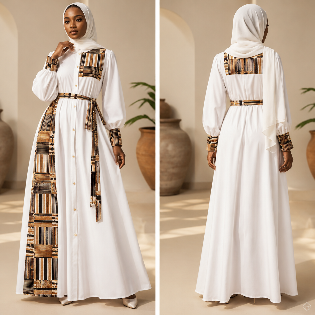 A Female Dress design, suitable for Summer. une robe chemisier blanc comprenant quelques passages de pagne traditionnel sénoufo. je veux que ce soit style hyjabs. CI fashion aesthetics. Present it as professional fashion catalogue photography: the garment is the subject, shown full-length with editorial styling, neutral posing and tasteful, non-suggestive framing.
photorealistic fashion design, A Female Dress design, suitable for Summer. une robe chemisier blanc comprenant quelques passages de pagne traditionnel sénoufo. je veux que ce soit style hyjabs. CI fashion aesthetics. Present it as professional fashion catalogue photography: the garment is the subject, shown full-length with editorial styling, neutral posing and tasteful, non-suggestive framing., just the design no text