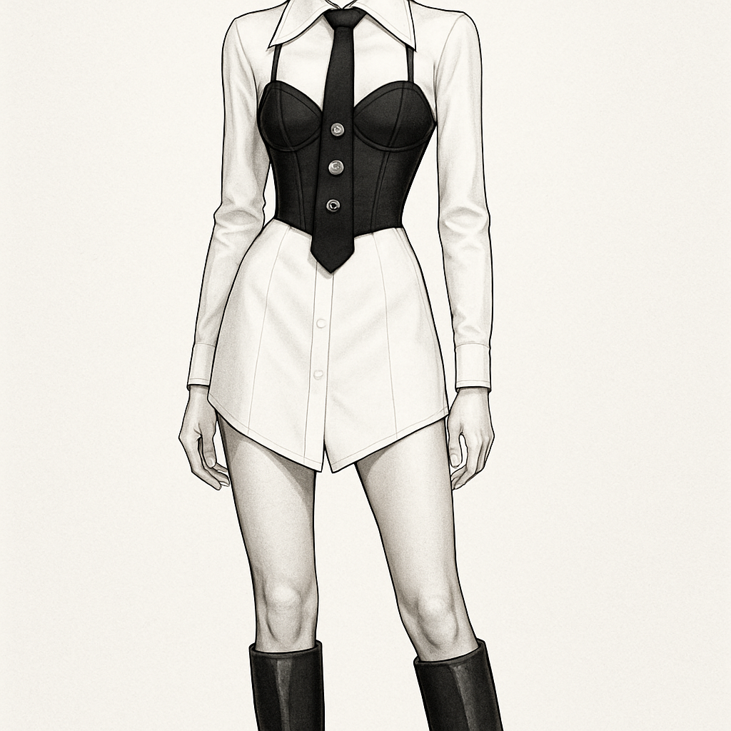 Can you do a white fitted shirt dress with a large collar, with a black slightly crop corset top with thin straps over it, and a black tie with knee high boots
Longer corset with cup details and the shirt dress slightly shorter coming down in a slight v shape at the front and three big jewels going down vertically on the tie
Can you do a white fitted shirt dress with a large collar, with a black slightly crop corset top with thin straps over it, and a black tie with knee high boots
Longer corset with cup details and the shirt dress slightly shorter coming down in a slight v shape at the front and three big jewels going down vertically on the tie