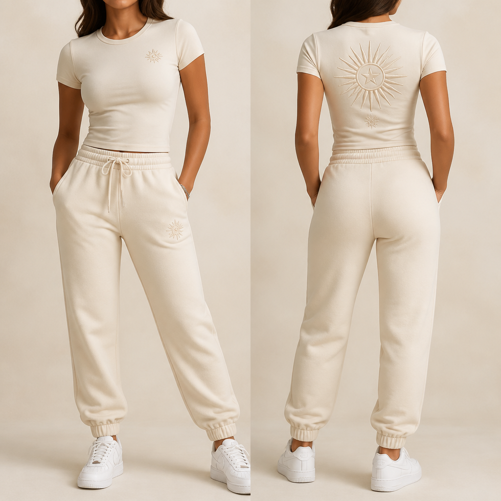 DESIGNNAAM
ELEVATE – BE THE ENERGY SET
KLEUR
Zacht crème (off-white / beige tint)
MATERIAAL
Premium katoenmix:
* 80% katoen
* 20% polyester
* Zacht en ademend
* Licht elastisch
T-SHIRT MODEL
* Strak aansluitend (slim fit)
* Korte mouwen
* Ronde hals
* Sluit mooi aan om het lichaam
* Comfortabel en vrouwelijk model
JOGGINGBROEK MODEL
* High-waist
* Rechte pijp met een lichte taper
* Elastische tailleband met trekkoord
* Elastische boorden bij de enkels
* Twee zijzakken
* Comfortabele, iets lossere pasvorm bij de benen
OPDRUK / BORDUURSEL
Voorkant T-shirt:
* Kleine borduring met “ELEVATE”
* Klein sterretje eronder
Achterkant T-shirt:
* Grote “ELEVATE” bovenaan
* Zonnestraal-design met een ster in het midden
* Tekst: “BE THE ENERGY YOU WANT TO ATTRACT”
* Klein sterretje onderaan
Voorkant joggingbroek:
* Kleine borduring met “ELEVATE” + ster
* Geplaatst op het linker bovenbeen
DESIGN DETAILS
* Subtiele, minimalistische branding
* Zonnestraal + ster als herkenbaar symbool
* Ton-sur-ton stiksel voor een luxe uitstraling
* Neutrale kleur waardoor het setje makkelijk te combineren is
* Luxe uitstraling, maar toch comfortabel en casual
photorealistic fashion design, DESIGNNAAM
ELEVATE – BE THE ENERGY SET
KLEUR
Zacht crème (off-white / beige tint)
MATERIAAL
Premium katoenmix:
* 80% katoen
* 20% polyester
* Zacht en ademend
* Licht elastisch
T-SHIRT MODEL
* Strak aansluitend (slim fit)
* Korte mouwen
* Ronde hals
* Sluit mooi aan om het lichaam
* Comfortabel en vrouwelijk model
JOGGINGBROEK MODEL
* High-waist
* Rechte pijp met een lichte taper
* Elastische tailleband met trekkoord
* Elastische boorden bij de enkels
* Twee zijzakken
* Comfortabele, iets lossere pasvorm bij de benen
OPDRUK / BORDUURSEL
Voorkant T-shirt:
* Kleine borduring met “ELEVATE”
* Klein sterretje eronder
Achterkant T-shirt:
* Grote “ELEVATE” bovenaan
* Zonnestraal-design met een ster in het midden
* Tekst: “BE THE ENERGY YOU WANT TO ATTRACT”
* Klein sterretje onderaan
Voorkant joggingbroek:
* Kleine borduring met “ELEVATE” + ster
* Geplaatst op het linker bovenbeen
DESIGN DETAILS
* Subtiele, minimalistische branding
* Zonnestraal + ster als herkenbaar symbool
* Ton-sur-ton stiksel voor een luxe uitstraling
* Neutrale kleur waardoor het setje makkelijk te combineren is
* Luxe uitstraling, maar toch comfortabel en casual, just the design no text