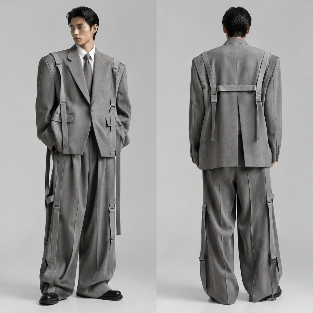 Avantgarde Oversized Suits inspired by scaffolding and 80s Japanese suits
photorealistic fashion design, Avantgarde Oversized Suits inspired by scaffolding and 80s Japanese suits , business style, just the design no text, show front and back