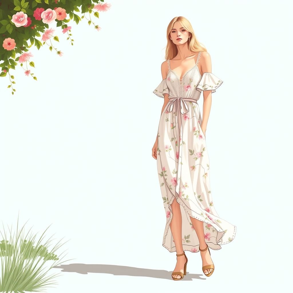שמלה קיצית בסטייל קליל פנדי איטלקי
Design a lightweight summer dress inspired by the effortless elegance of Italian luxury, featuring flowing silhouettes and delicate fabrics. Incorporate playful floral patterns and soft pastel colors, with billowing sleeves and a cinched waist. Add intricate lace detailing for a romantic touch, perfect for a sunny day out in the Italian countryside.