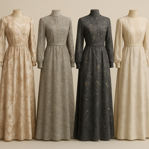 Create a modest dresses, the first of its kind, featuring a unique stone design that exudes a classy and sophisticated vibe. I'd like four designs, each showcasing different styles and fabrics. Incorporate high-end, unique chic stone designs to make them truly special. Add little sophisticated stone designs.