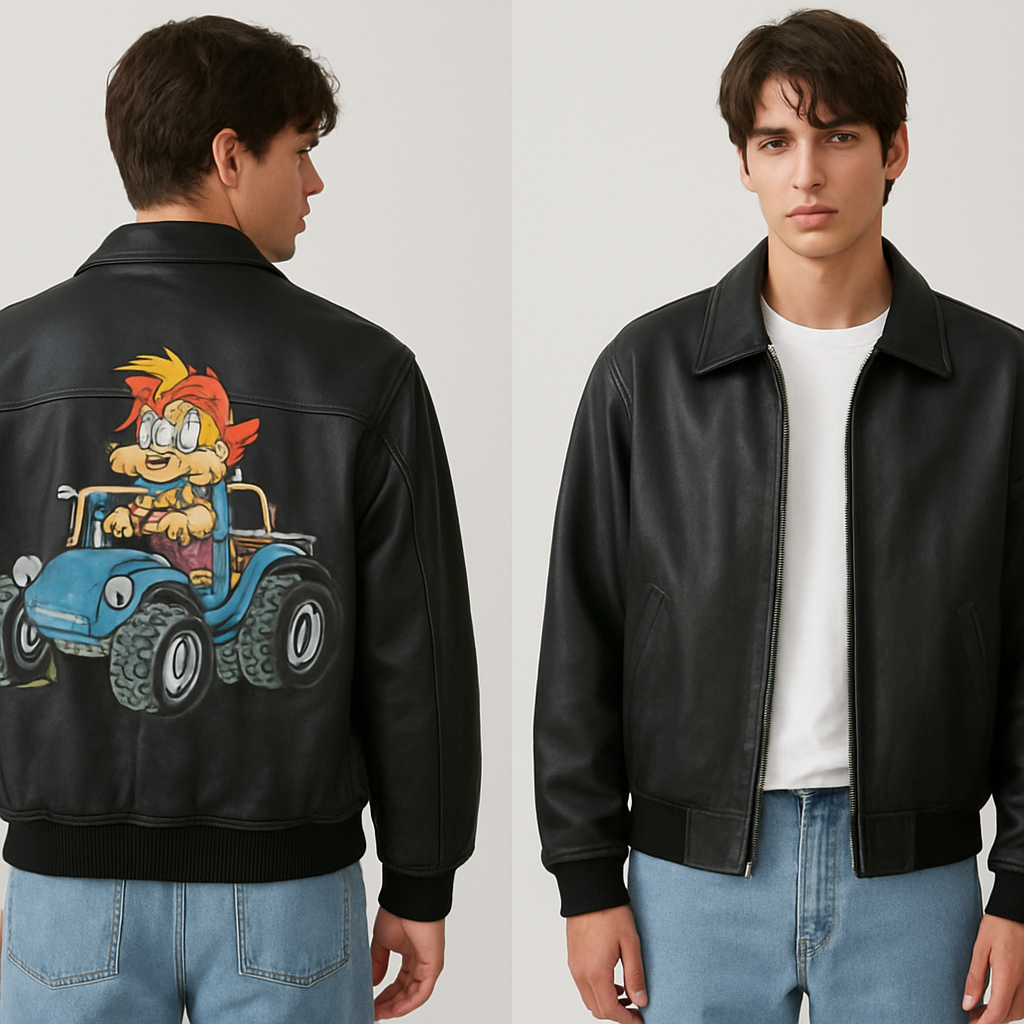 Buggy boy leather jacket in 90’s fashion with a cartoon character in a dune blue buggy
Buggy boy leather jacket in 90’s fashion with a cartoon character in a dune blue buggy
, streetwear style, show front and back