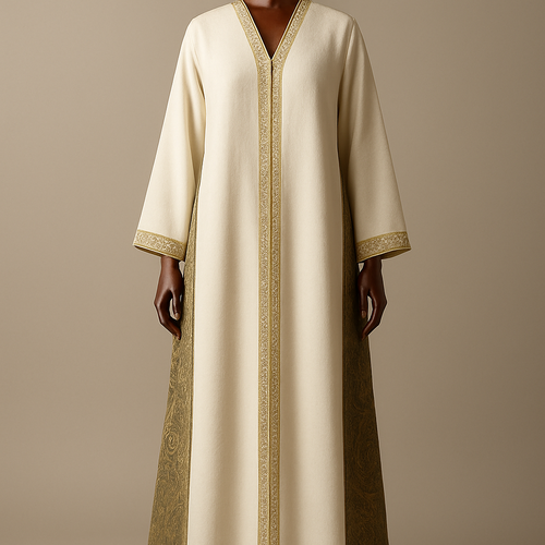
(photorealistic)
"Photorealistic full-length fashion photograph of an ankle-length ivory white abaya v cut from front  and najdi geometric embroidery in gold for the edges(2.5cm),displayed on a luxurious polished wooden mannequin. The abaya features long side slits from underarm to ankle with an external Kashmiri patterned panel attached to the outer edge of each slit; the Kashmiri panel is jacquard/textured paisley in complementary-olive green with little gold touches tones. A narrow Najdi geometric embroidery (3–3.5 cm wide) in matte antique-gold thread runs along the outer edge of each panel, with small repeating motifs spaced every 15–20 cm — embroidery visible down to the ankle. Silhouette: straight A-line, soft drape, lightweight wool-blend, lightly lined. Styling: clean neutral studio background, soft directional warm light, full-length view showing panels to the ankle, high-detail texture and fabric realism. Camera: 35mm perspective, shallow depth of field (f/4), high-resolution output (4k)."
