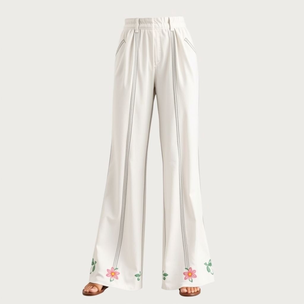 pants style Zimmerman linen pin tucks through Centre
Design a breezy pair of Zimmerman-inspired linen pants featuring delicate pin tucks running vertically down the center. Incorporate a high-waisted silhouette with wide-leg cuts for a relaxed yet elegant vibe. Add subtle floral embroidery at the hems and side pockets, capturing a harmonious blend of bohemian charm and sophistication.