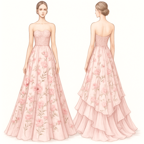 Long light pink dress with a floral design and  a Lacey top and ruffles on the skirt and strapless