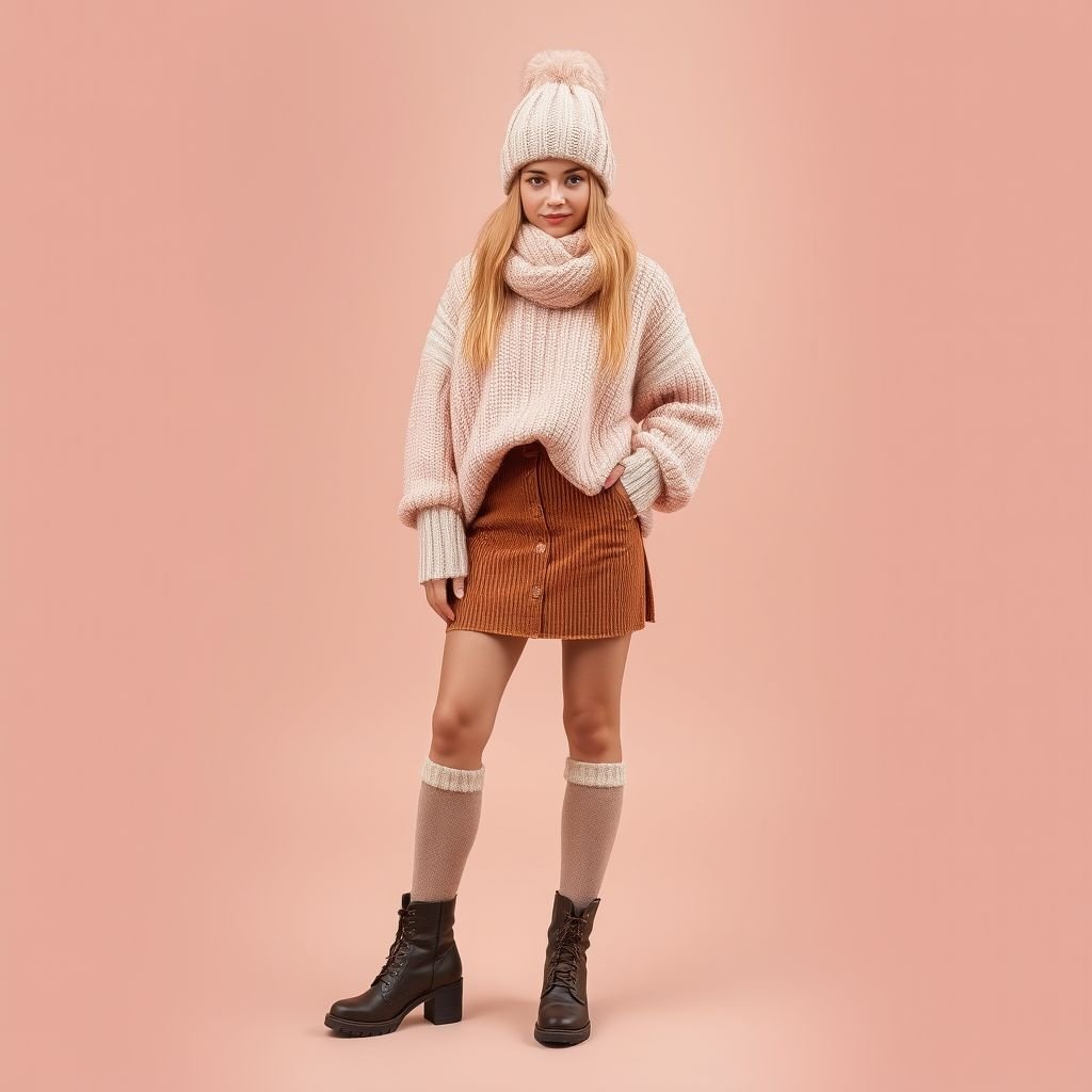 Model 1
Design a cozy fashion ensemble featuring a soft, oversized knit sweater in pastel hues, layered over a plush, high-waisted corduroy skirt. Accentuate with fuzzy, knee-high socks and stylish ankle boots. Add a chunky, knitted scarf and a beanie adorned with pom-poms, evoking warmth and comfort for a relaxed, chic look.