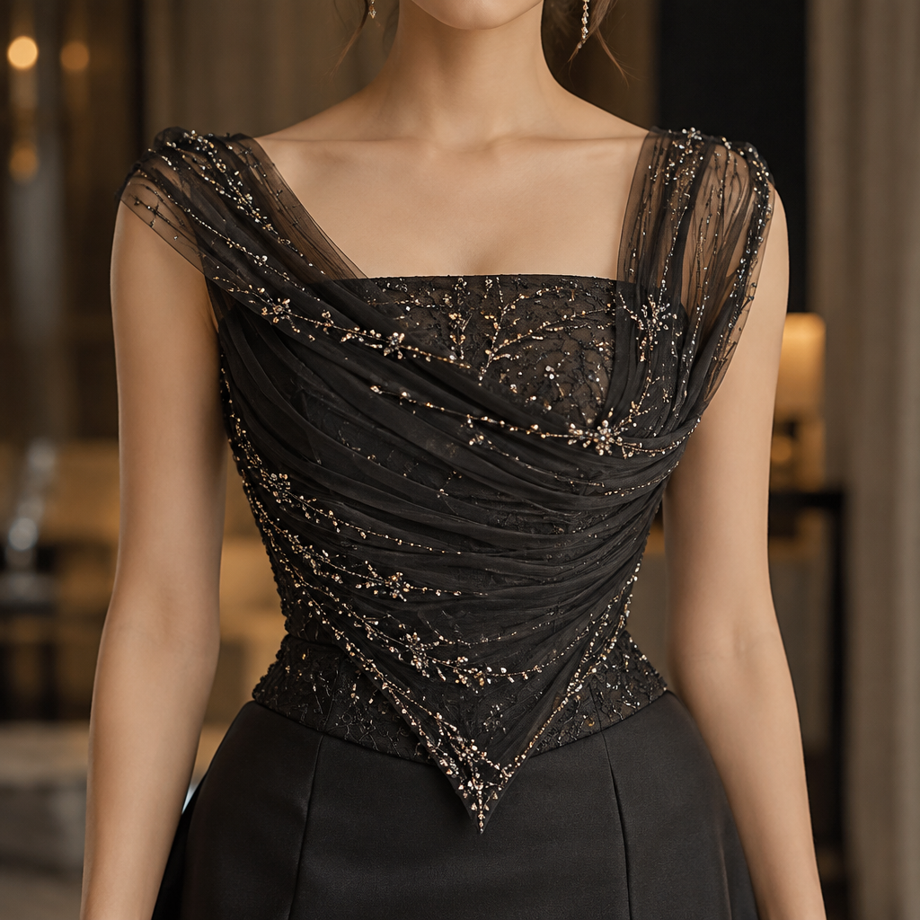 Design a sophisticated, modest couture evening top in black. The top has a fitted inner bodice with a straight, subtly square neckline. Across the front is a lightweight, sheer, finely pleated chiffon overlay, permanently sewn into the garment. The overlay wraps diagonally across the chest in a soft, asymmetric arrangement, creating several delicate horizontal folds. It sits close to the upper chest with very little fabric extending over the shoulders. The front overlay finishes at the waist in a distinctive, sharp, structured V-shaped point. The silhouette is elegant and architectural, not a conventional draped blouse. Use delicate champagne-gold and silver beadwork, tiny crystals and subtle sequins scattered across the sheer fabric. The inner bodice should also have intricate tonal embroidery. Create a realistic luxury couture fashion design, photographed from the front.
photorealistic fashion design, Design a sophisticated, modest couture evening top in black. The top has a fitted inner bodice with a straight, subtly square neckline. Across the front is a lightweight, sheer, finely pleated chiffon overlay, permanently sewn into the garment. The overlay wraps diagonally across the chest in a soft, asymmetric arrangement, creating several delicate horizontal folds. It sits close to the upper chest with very little fabric extending over the shoulders. The front overlay finishes at the waist in a distinctive, sharp, structured V-shaped point. The silhouette is elegant and architectural, not a conventional draped blouse. Use delicate champagne-gold and silver beadwork, tiny crystals and subtle sequins scattered across the sheer fabric. The inner bodice should also have intricate tonal embroidery. Create a realistic luxury couture fashion design, photographed from the front., formal style, just the design no text