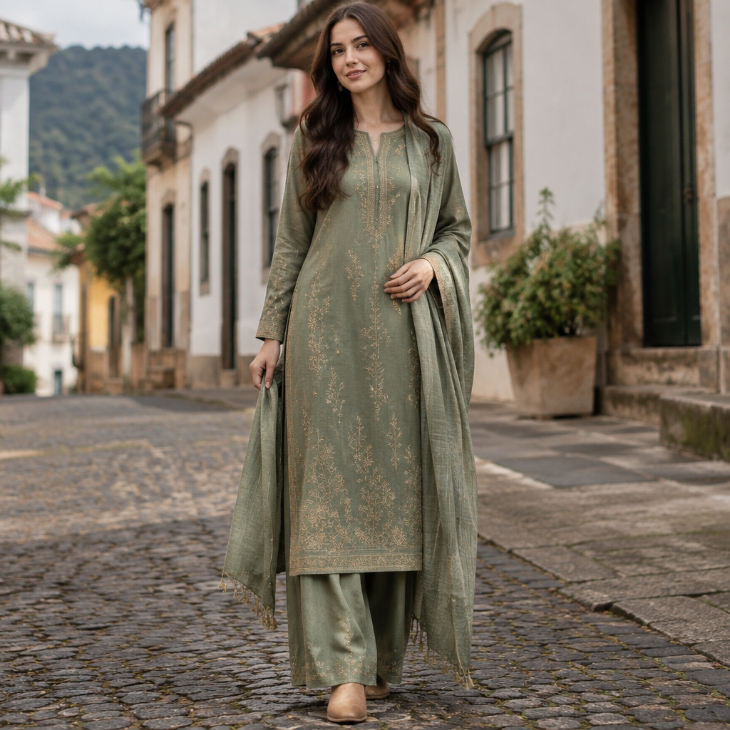 A Female Salwar Kameez design, made of Cotton, with a light, flowing drape, with modest, full coverage: longer hemlines, higher necklines and covered shoulders, for Streetwear, suitable for Fall, suited to a Cold climate, in Streetwear + Cottagecore + Minimalist style, shown on a model with light skin and a slim figure. Brazil fashion aesthetics. Present it as professional fashion catalogue photography: the garment is the subject, shown full-length with editorial styling, neutral posing and tasteful, non-suggestive framing.
photorealistic fashion design, A Female Salwar Kameez design, made of Cotton, with a light, flowing drape, with modest, full coverage: longer hemlines, higher necklines and covered shoulders, for Streetwear, suitable for Fall, suited to a Cold climate, in Streetwear + Cottagecore + Minimalist style, shown on a model with light skin and a slim figure. Brazil fashion aesthetics. Present it as professional fashion catalogue photography: the garment is the subject, shown full-length with editorial styling, neutral posing and tasteful, non-suggestive framing., streetwear style, just the design no text