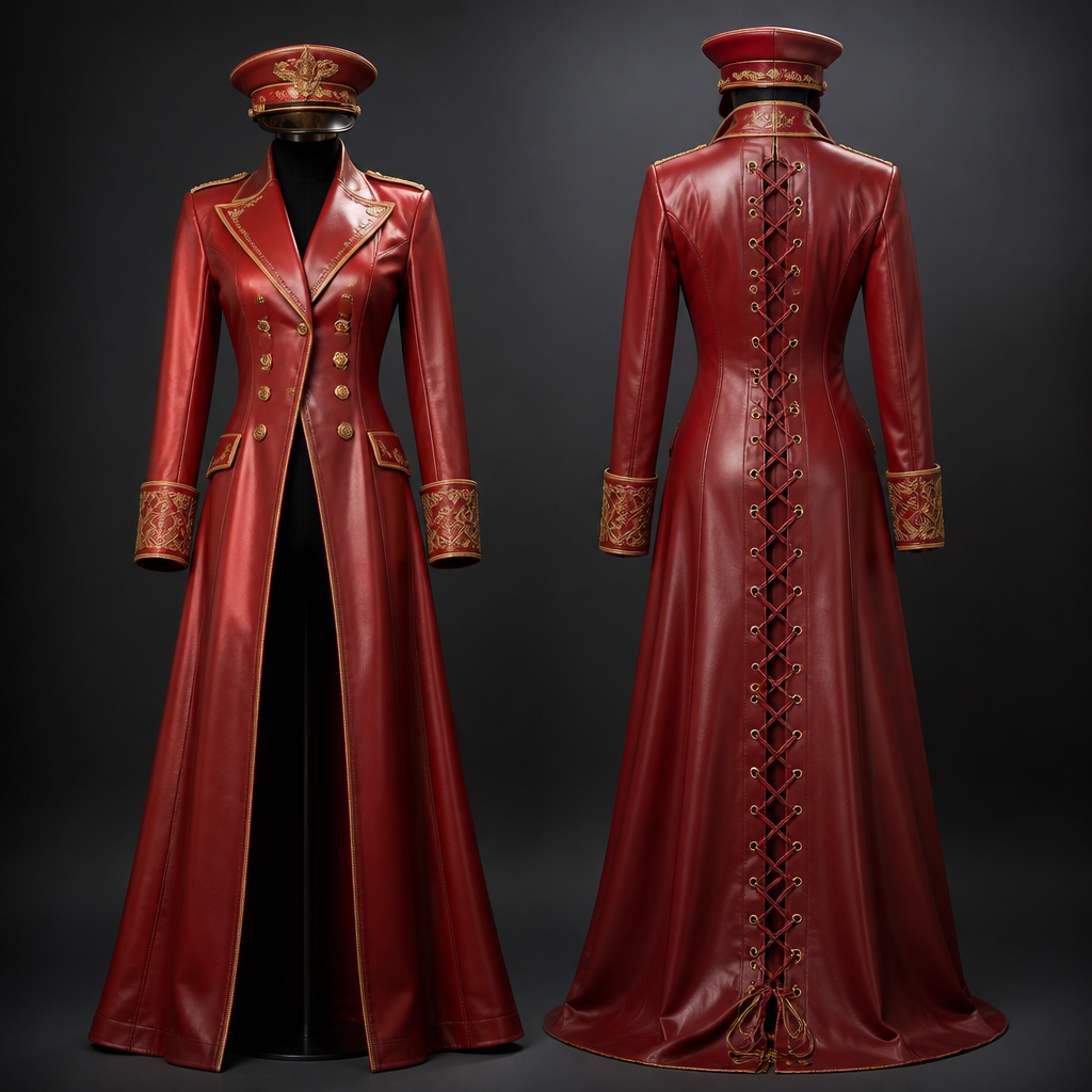 Heavy leather long coat lace up the back all the way down with a matching captain’s hat in red and gold
photorealistic fashion design, Heavy leather long coat lace up the back all the way down with a matching captain’s hat in red and gold , elegant style, just the design no text, show front and back