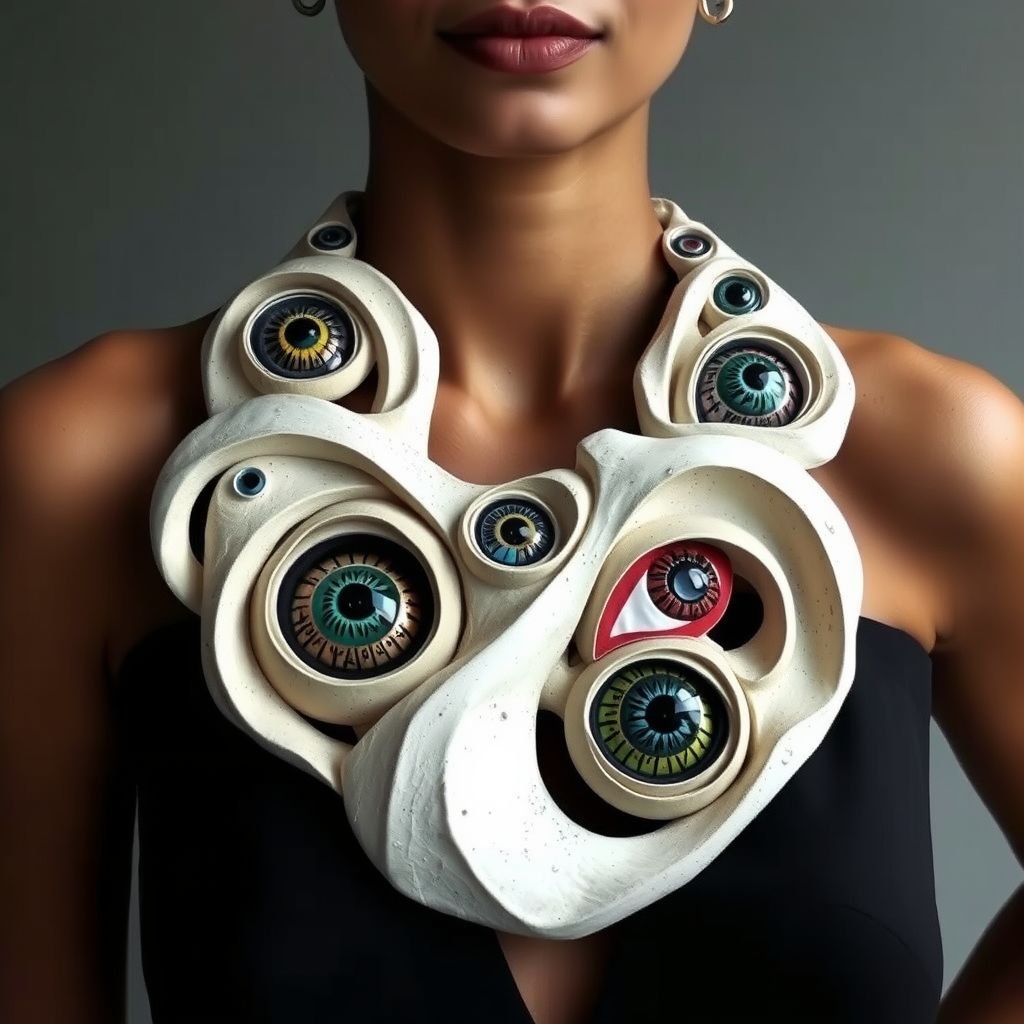 Papier-mâché necklace which is painted eyes on it
Create an avant-garde fashion statement with a large papier-mâché necklace, intricately crafted to resemble a swirling organic shape. Each painted eye reflects a different mood, using vibrant colors and metallic accents. This surreal accessory pairs beautifully with a minimalist ensemble—think a sleek black jumpsuit—to make the striking piece the focal point.