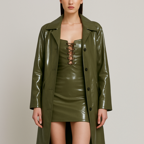 Olive green pvc longline mac coat
Pair with matching bandeau mini dress with lace up front