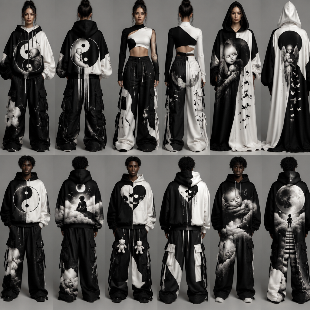 Create a fashion collection that’s tells the story of child mortality.inspired by my baby’s passing and my miss carriage white and black theme yin yang
photorealistic fashion design, Create a fashion collection that’s tells the story of child mortality.inspired by my baby’s passing and my miss carriage white and black theme yin yang , streetwear style, just the design no text, show front and back