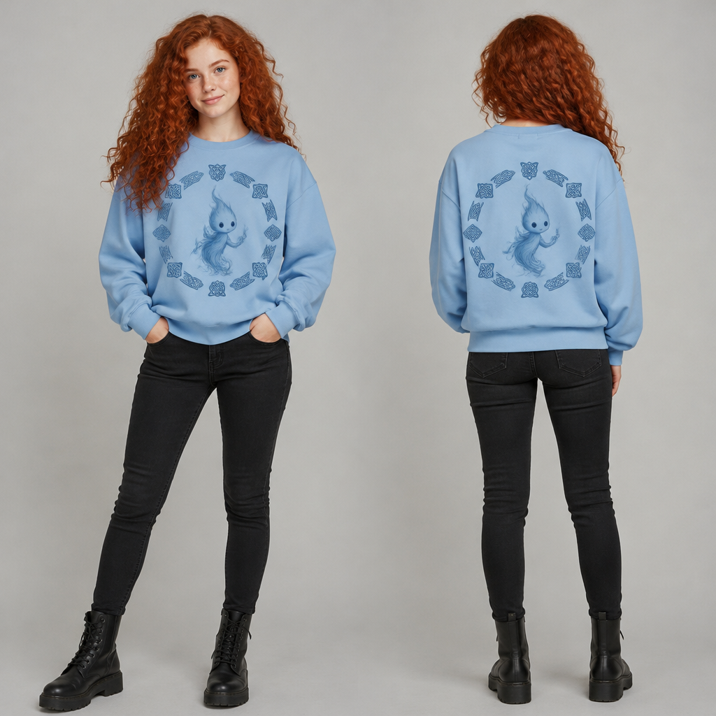 A Scottish teenage girl with wild red curls and blue eyes wears a sky blue sweater with the quote in Zyan that says Our fate lives within us You only have to be brave enough to see it and a Whisp a Willow from the Movie Brave in the same color in the middle and the in a circle around it and black jeans and black military boots
photorealistic fashion design, A Scottish teenage girl with wild red curls and blue eyes wears a sky blue sweater with the quote in Zyan that says Our fate lives within us You only have to be brave enough to see it and a Whisp a Willow from the Movie Brave in the same color in the middle and the in a circle around it and black jeans and black military boots , just the design no text, show front and back