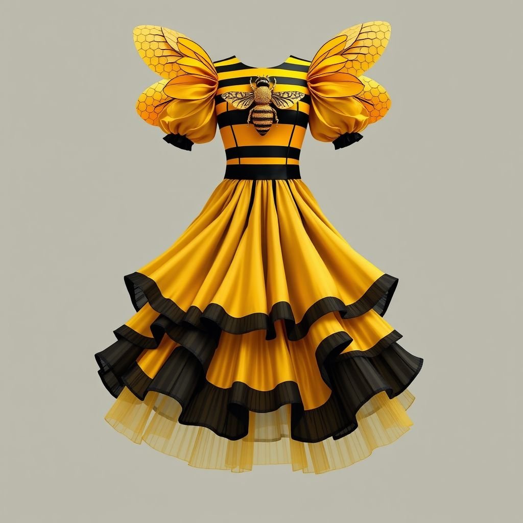 A honey bee & honey comb themed spring day dress.
Design a ballercore spring day dress inspired by honey bees and honeycombs. Incorporate a fitted bodice with a flouncy, layered skirt in rich golden yellows and deep blacks, mimicking bee stripes. Add oversized puff sleeves adorned with intricate honeycomb patterns, and a shimmering honeybee brooch to complete the luxe vibe.