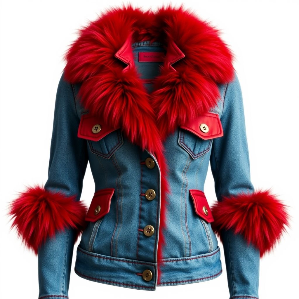 A black leather colar jacket with big red fur lapels and red pockets but is small and has red pockets plus red fur on its sleeves
Design a fitted denim jacket featuring oversized red fur lapels and matching red pockets. The jacket showcases intricate stitching inspired by traditional denim craftsmanship. Its sleeves are adorned with luxurious red fur accents, creating a striking contrast against the blue hues of the denim. Add vintage metal buttons for an edgy flair.