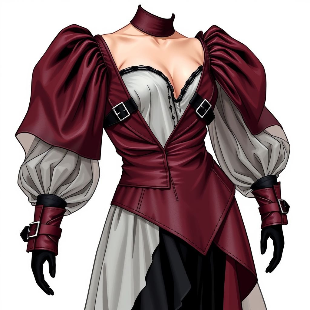 Merlot, black, white, leather, chiffon, high-low, victorian sleeves
Design a striking avant-garde ensemble featuring a high-low silhouette in luxurious merlot leather and ethereal chiffon. Emphasize dramatic Victorian sleeves, merging historical opulence with modern edge. Incorporate bold black accents, such as oversized buckles or asymmetrical cutouts, to create a daring, unconventional statement piece that challenges traditional fashion boundaries.