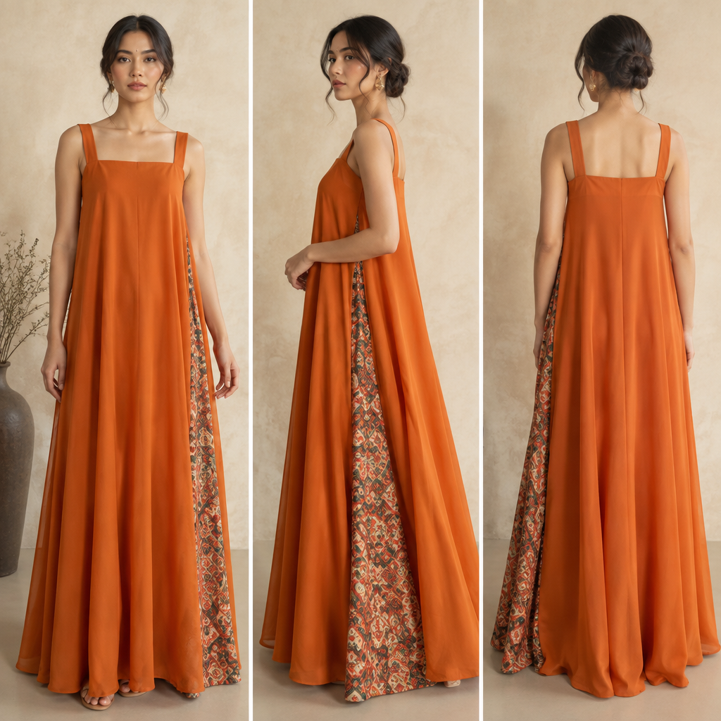the puff is too long just go with deep rectangle neck and sleevelss and the strip must be like triangular shape and the dress is not fitted there is not the figure visibility and color must be like orange. Nepal fashion aesthetics. Present it as professional fashion catalogue photography: the garment is the subject, shown full-length with editorial styling, neutral posing and tasteful, non-suggestive framing.
photorealistic fashion design, the puff is too long just go with deep rectangle neck and sleevelss and the strip must be like triangular shape and the dress is not fitted there is not the figure visibility and color must be like orange. Nepal fashion aesthetics. Present it as professional fashion catalogue photography: the garment is the subject, shown full-length with editorial styling, neutral posing and tasteful, non-suggestive framing., just the design no text