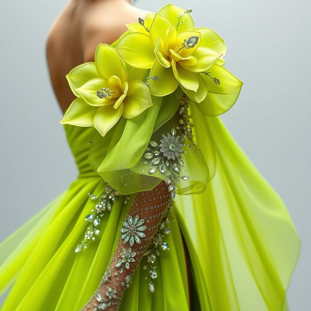 Create a one shoulder asymmetrical dress with one thigh exposed. In color lime green with beaded crystals and stones of varying sizes. One the one shoulder, add a very large organza flower. The on that shoulder, add a dropping sleeve, floor length with varying sizes of the large organza flowers flowing onto the floor. Addie same flower designs to the tail of the dress which also flows to the floor. Make it airy, almost delicate and elegant, add a slit to the left thigh and make the flowers on a mesh floor length sleeve on one shoulder show full length front view
Design an exquisite haute couture dress featuring a one-shoulder asymmetrical silhouette that elegantly exposes the left thigh. In vibrant lime green, the flowing fabric is adorned with crystals and stones of varying sizes, glistening like dew. An oversized organza flower blooms on the shoulder, cascading down into a floor-length dropping sleeve, artfully embellished with delicate, airy flowers that trail behind. Intricate mesh sleeves enhance elegance, while a daring thigh slit invites allure, showcasing the ethereal design in a soft, refined manner for a striking, sophisticated look.