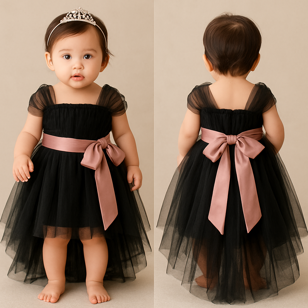 1歳の女の子のベビードレス着用画
黒のチュールドレス、前が短くて後ろが長いスカート
上半身は、細かいギャザーを寄せたベアトップのチュールのボディス
その上から同一色のチュールショルダーラップ、肩から膝上までをふんわり巻き付けるように胸下の切り返しにローズピンクのサテン生地の太めのリボンを前から一周巻いて、真ん中ではなく、左前あたりで大きくリボン縛り
リボンの結び目は前
頭には派手すぎないシルバーのティアラ
1歳の女の子のベビードレス着用画
黒のチュールドレス、前が短くて後ろが長いスカート
上半身は、細かいギャザーを寄せたベアトップのチュールのボディス
その上から同一色のチュールショルダーラップ、肩から膝上までをふんわり巻き付けるように胸下の切り返しにローズピンクのサテン生地の太めのリボンを前から一周巻いて、真ん中ではなく、左前あたりで大きくリボン縛り
リボンの結び目は前
頭には派手すぎないシルバーのティアラ, show front and back