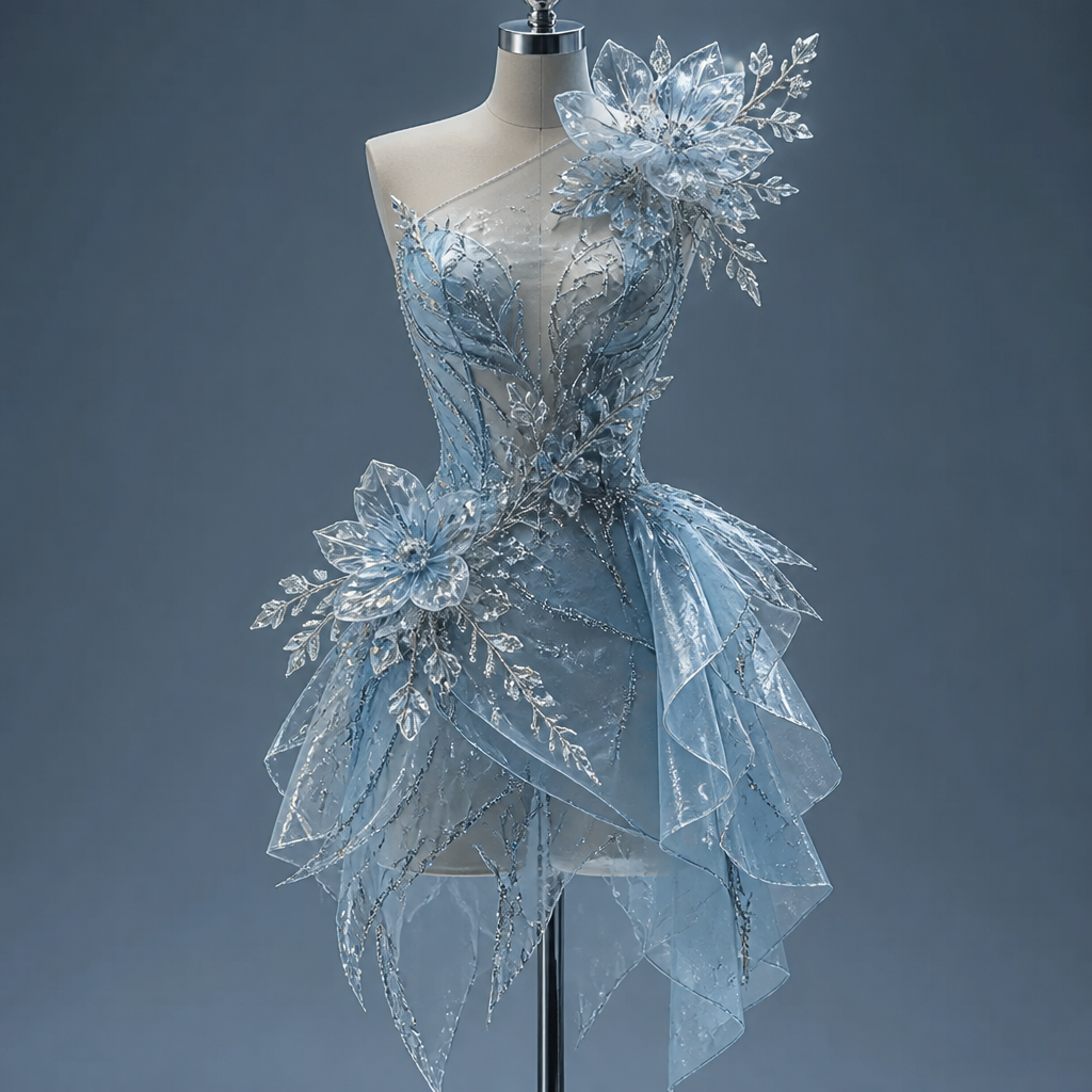 A stunning ice-blue couture mini dress inspired by the beauty of frozen flowers. The bodice is adorned with hand-crafted crystal blossoms that appear to grow organically from the waist and extend toward one shoulder. Layers of shimmering tulle and organza create depth and softness, while silver embroidery enhances the frosted aesthetic. The asymmetrical hemline adds contemporary sophistication, making the dress appear as though it has been sculpted from crystal and ice.
photorealistic fashion design, A stunning ice-blue couture mini dress inspired by the beauty of frozen flowers. The bodice is adorned with hand-crafted crystal blossoms that appear to grow organically from the waist and extend toward one shoulder. Layers of shimmering tulle and organza create depth and softness, while silver embroidery enhances the frosted aesthetic. The asymmetrical hemline adds contemporary sophistication, making the dress appear as though it has been sculpted from crystal and ice., just the design no text