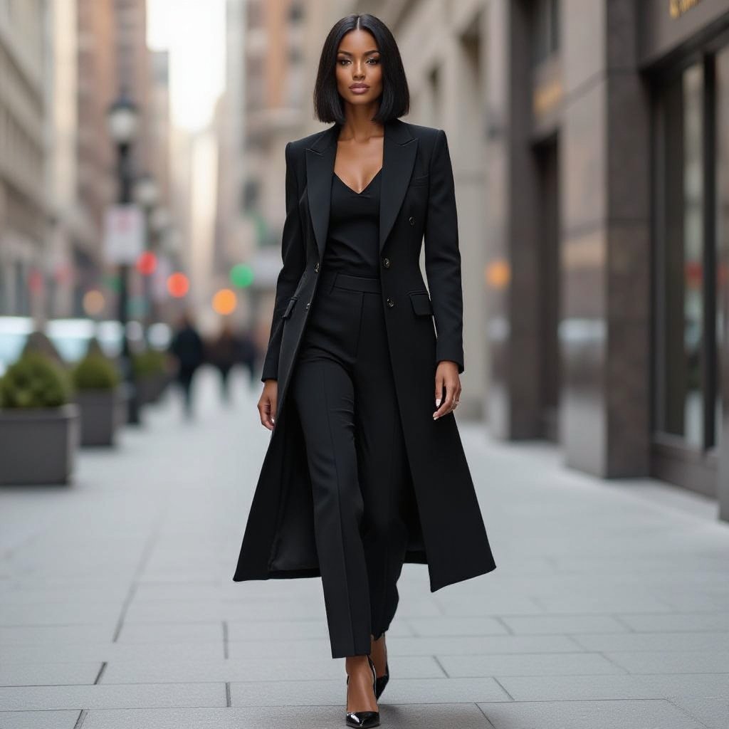 A tall dark skinned with an 18 inch bob flat ironed hair down business lady in a black suit. No shirt inside, just a no arm shirt inner jacket and a long sleeve black long jacket all the way down to the ankles with edgy shoulders. Black shiny heels
Business fashion: A tall, dark-skinned business lady with an 18-inch bob, straight hair. She wears a black suit, a black inner jacket without sleeves, and a long black jacket with sharp shoulders, reaching her ankles. Black shiny heels complete the look.