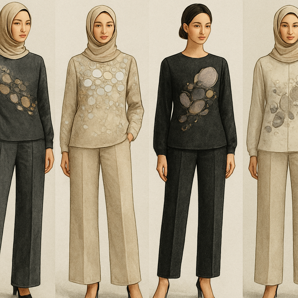 Create a modest pants and blouse, the first of its kind, featuring a unique stone design that exudes a classy and sophisticated vibe. I'd like four designs, each showcasing different styles and fabrics. Incorporate high-end, unique chic stone designs to make them truly special. Add little sophisticated stone designs.
Create a modest pants and blouse, the first of its kind, featuring a unique stone design that exudes a classy and sophisticated vibe. I'd like four designs, each showcasing different styles and fabrics. Incorporate high-end, unique chic stone designs to make them truly special. Add little sophisticated stone designs.