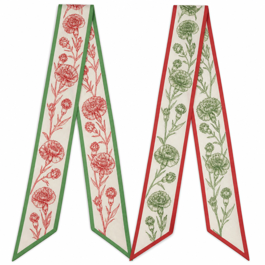 Design a silk twilly for alpha omega chi in red and green. Keep it super simple and preppy maybe make it with carnation flowers . Make it monochromatic with the flowers
photorealistic fashion design, Design a silk twilly for alpha omega chi in red and green. Keep it super simple and preppy maybe make it with carnation flowers . Make it monochromatic with the flowers, classic style, just the design no text