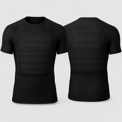 All black base short sleeve compression rash guard. Military bulley proof vest design on front and back 