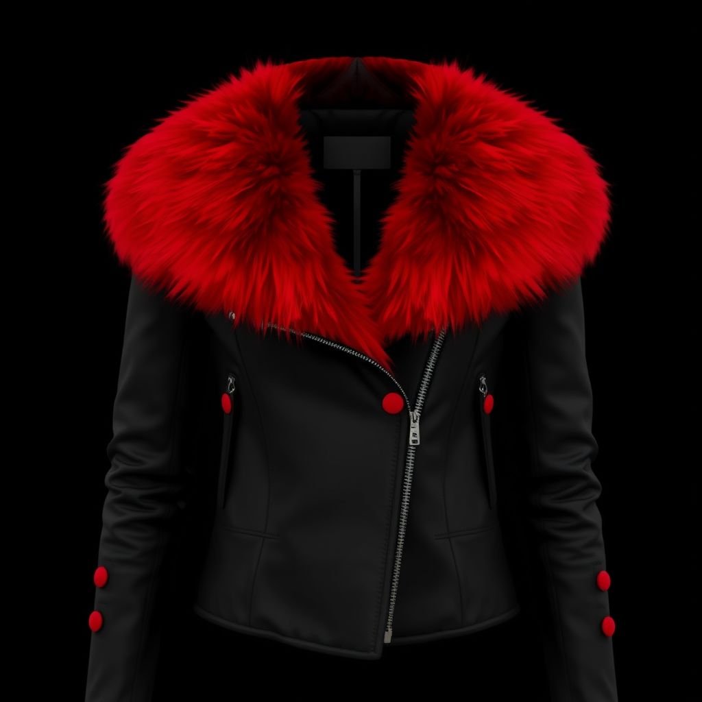 A black motorbike jacket with big red fur lapels and red pockets but is small and has red pockets plus 4 red buttons on its sleeves
Design a sleek black motorbike jacket exuding minimalist sophistication. Incorporate oversized, plush red fur lapels for a bold contrast. Keep the silhouette streamlined, with discreetly integrated red pockets and four subtly placed red buttons on the sleeves. Emphasize clean lines and functional elegance, ensuring the design remains effortlessly chic and refined.
