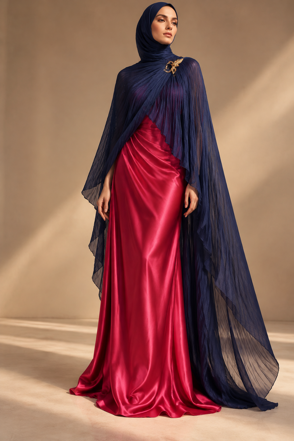 Only use the fabric on the attached image. A high-end editorial fashion photography studio shot of a elegant modest dress setup. The outfit features a two-piece silhouette: an upper cape-style drape made of sheer, pleated crinkle plissé fabric in a deep indigo color, held elegantly at the shoulder/chest by a luxury polished gold brooch-style pendant brooch, catching the light softly. Beneath the cape, a full-length, floor-sweeping column gown made of rich silk-satin in a vivid Grenadine Pink color. Professional studio lighting, minimal warm background, high fashion campaign aesthetic, 8k resolution, crisp detail on fabric textures and metallic gold hardware.
And use crinkle plates satin
Only use the fabric on the attached image. A high-end editorial fashion photography studio shot of a elegant modest dress setup. The outfit features a two-piece silhouette: an upper cape-style drape made of sheer, pleated crinkle plissé fabric in a deep indigo color, held elegantly at the shoulder/chest by a luxury polished gold brooch-style pendant brooch, catching the light softly. Beneath the cape, a full-length, floor-sweeping column gown made of rich silk-satin in a vivid Grenadine Pink color. Professional studio lighting, minimal warm background, high fashion campaign aesthetic, 8k resolution, crisp detail on fabric textures and metallic gold hardware.
And use crinkle plates satin, evening wear style