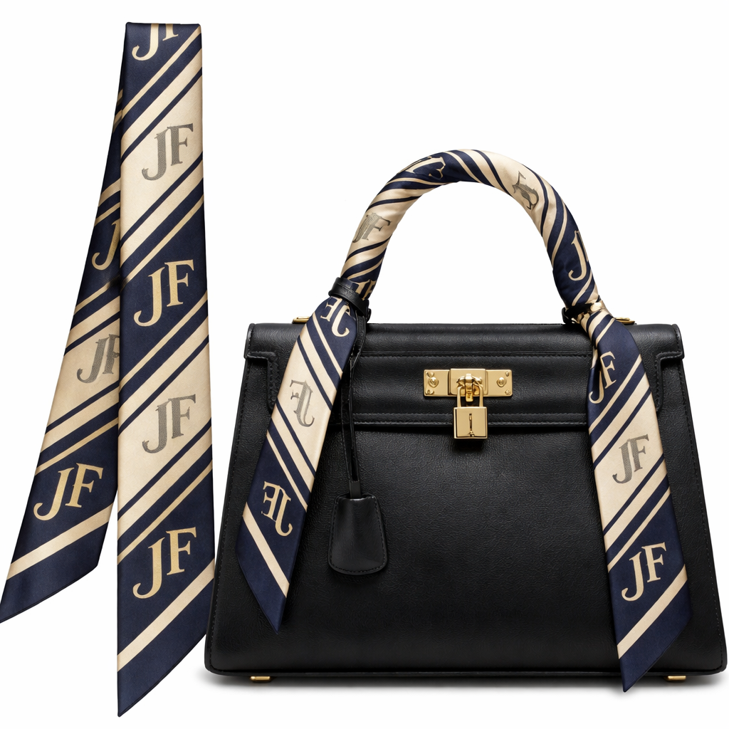 Silk scarf that is 5x86cm designed for a handle on a Kelly style bag using the initials in JF is a diagonal pattern
Silk scarf that is 5x86cm designed for a handle on a Kelly style bag using the initials in JF is a diagonal pattern, classic style