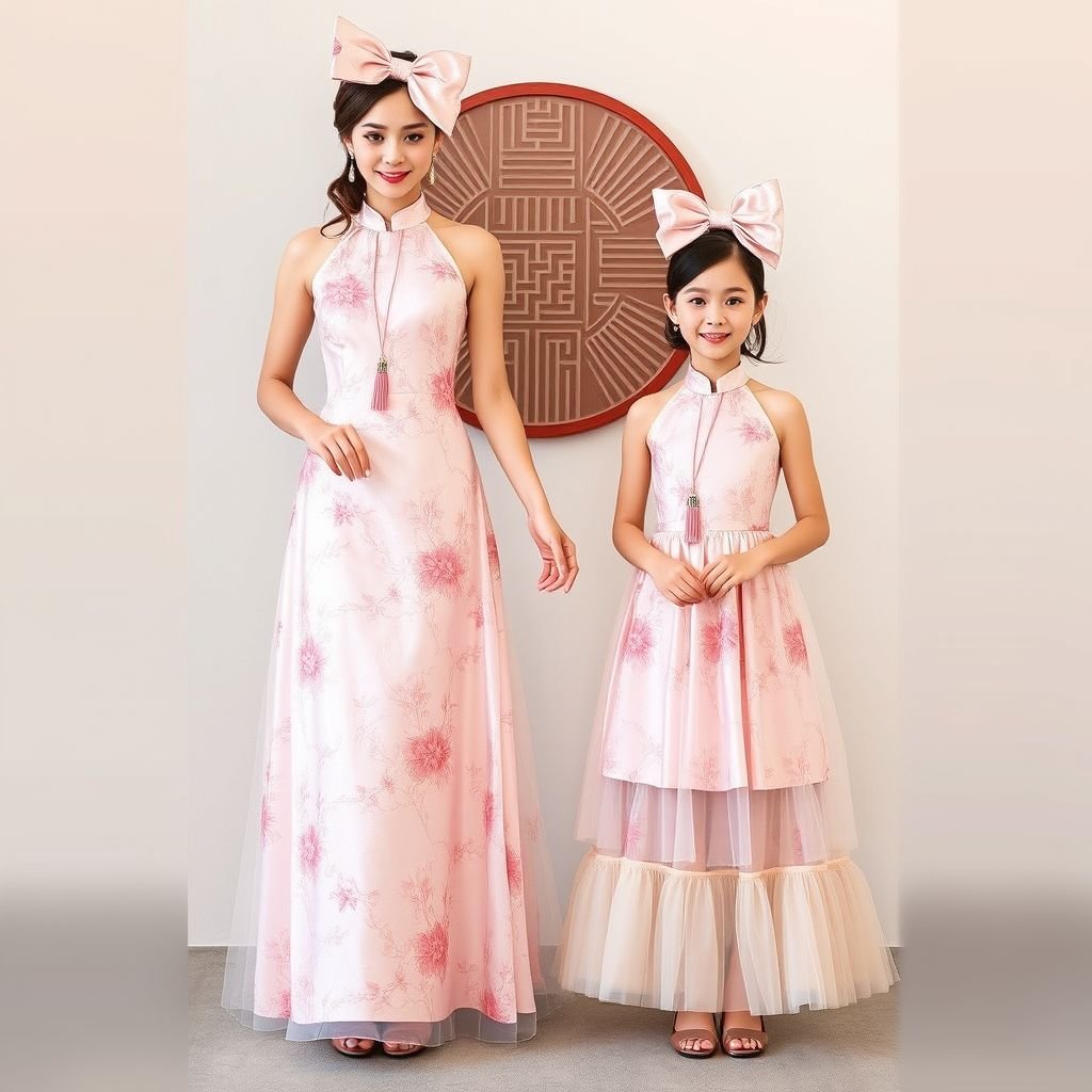 Mid-Autumn matching brocade halter dress set for mother and daughter Elegant matching set featuring halter-neck dresses crafted from soft pastel-pink brocade with delicate floral motifs. Both dresses designed with high mandarin-inspired necklines adorned with small tassel pendants for a festive Mid-Autumn touch. Layered skirts with airy tulle underneath for graceful volume and movement. Mother’s dress is floor-length with a flattering A-line cut, daughter’s dress is knee-length for ease and playfulness. Each set includes a matching oversized bow headpiece, blending traditional charm with modern elegance — perfect for festive celebrations and family photos.
Introducing the enchanting Mid-Autumn matching brocade halter dress set, perfect for mothers and daughters to celebrate together. Crafted from soft pastel-pink brocade featuring intricate floral motifs, the elegant halter-neck designs showcase high mandarin-inspired necklines embellished with charming tassel pendants. The layered skirts, enhanced by airy tulle, offer graceful movement and volume. The mother’s dress flows down in a sophisticated floor-length A-line silhouette, while the daughter’s knee-length version ensures playful ease. Each exquisite set is completed with oversized bow headpieces, effortlessly blending traditional elegance with contemporary style, making them ideal for festive gatherings and treasured family photos.