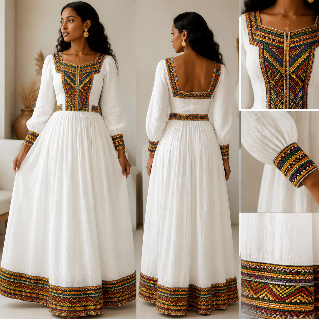 A Female fashion design. ከጥጥ የተሰራ ዘመናዊ የሐበሻ ቀሚስ። በማጣቀሻ ፎቶው ላይ ያለውን ባለቀለም የባህል ጥልፍ (ጥለት) በደረት ዙሪያ፣ በእጅ ማሰሪያዎች እና በታችኛው ቀሚስ ጫፍ ላይ በሚያምር ሁኔታ ያካተተ። ረጅም፣ ውብ እና ፈሳሽ የሆነ የሴቶች ቀሚስ።. Ethiopia fashion aesthetics.
photorealistic fashion design, A Female fashion design. ከጥጥ የተሰራ ዘመናዊ የሐበሻ ቀሚስ። በማጣቀሻ ፎቶው ላይ ያለውን ባለቀለም የባህል ጥልፍ (ጥለት) በደረት ዙሪያ፣ በእጅ ማሰሪያዎች እና በታችኛው ቀሚስ ጫፍ ላይ በሚያምር ሁኔታ ያካተተ። ረጅም፣ ውብ እና ፈሳሽ የሆነ የሴቶች ቀሚስ።. Ethiopia fashion aesthetics., just the design no text