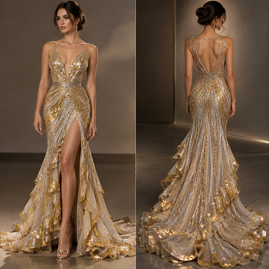 I want a dress that has v neckline and I want the color to be gold and silver and slit dress and have the bottom of the dress of sparkly gold for the outline and for the back I want to show some patterns like dots and strip and add ruffles for the bottom of the dress
photorealistic fashion design, I want a dress that has v neckline and I want the color to be gold and silver and slit dress and have the bottom of the dress of sparkly gold for the outline and for the back I want to show some patterns like dots and strip and add ruffles for the bottom of the dress, scene style, just the design no text, show front and back