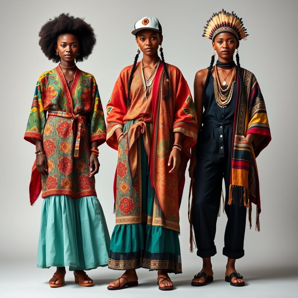 Outfit that United different cultures
Design an eclectic ensemble that fuses traditional African prints with Japanese kimono silhouettes. Incorporate intricate Indian embroidery on flowing, layered skirts, and add a soft, handwoven South American shawl. Accessorize with Native American-inspired jewelry and a modern, urban cap, celebrating a vibrant tapestry of cultural heritage in contemporary streetwear.