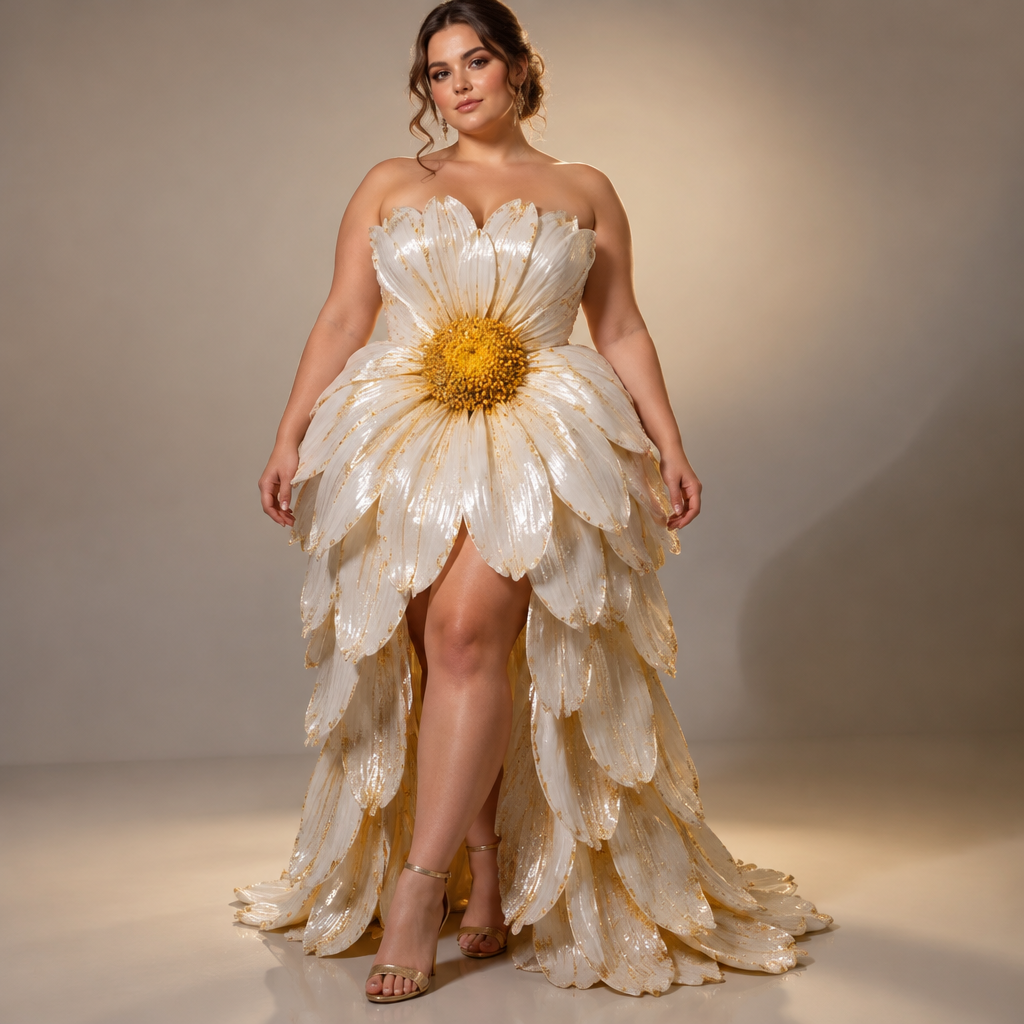 photorealistic fashion design, photorealistic fashion design, photorealistic fashion design, photorealistic fashion design, A Female Dress design, shown on a model with a plus-size figure. из цветка одного цветка ромашки Present it as professional fashion catalogue photography: the garment is the subject, shown full-length with editorial styling, neutral posing and tasteful, non-suggestive framing., just the design no text. Refinement: улучшить, just the design no text. Refinement: полностью состоит из одного цветка ромашки блестящая, just the design no text. Refinement: свет поменять, just the design no text. Refinement: и цветка королька
photorealistic fashion design, photorealistic fashion design, photorealistic fashion design, photorealistic fashion design, photorealistic fashion design, A Female Dress design, shown on a model with a plus-size figure. из цветка одного цветка ромашки Present it as professional fashion catalogue photography: the garment is the subject, shown full-length with editorial styling, neutral posing and tasteful, non-suggestive framing., just the design no text. Refinement: улучшить, just the design no text. Refinement: полностью состоит из одного цветка ромашки блестящая, just the design no text. Refinement: свет поменять, just the design no text. Refinement: и цветка королька, just the design no text