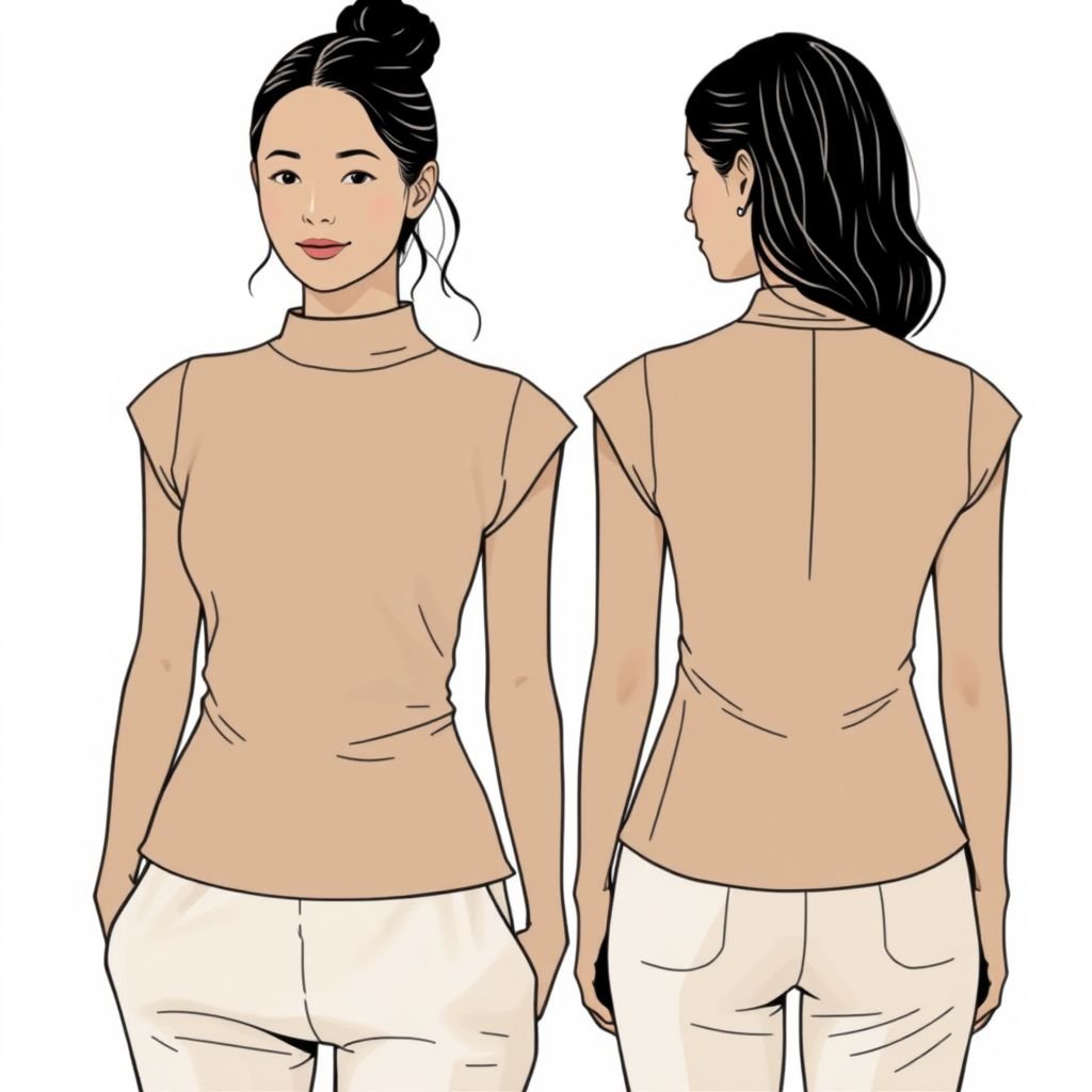 Summer top made from stretchy fitted organic cotton blend, waist length, capped sleeves, fitted, light brown, high neck, v-neck, a-shaped silhouette, show front and back
Design a minimalist summer top crafted from a stretchy, fitted organic cotton blend. The light brown waist-length silhouette features capped sleeves and a high neck that transitions to a subtle v-neck. Emphasizing clean lines, the design boasts an A-shaped silhouette, showcasing simplicity and elegance, with both front and back views highlighted.