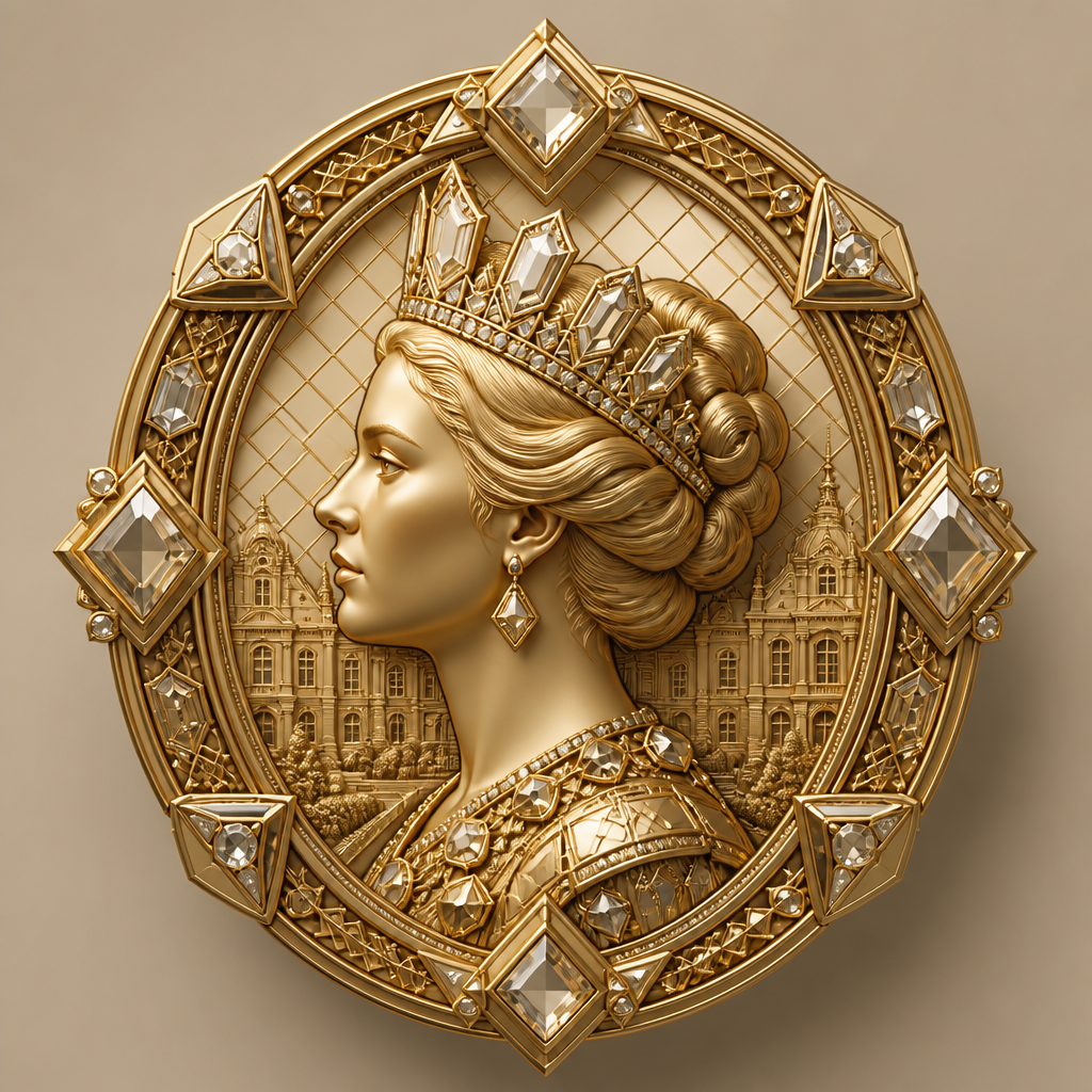 Queen Henriette is the legendary sovereign of an imaginary kingdom devoted to beauty, elegance, knowledge, and timeless craftsmanship. She is portrayed as a graceful queen with refined features, calm confidence, and an aura of noble sophistication. Her crown is composed of geometric gemstones arranged in perfect symmetry, symbolizing balance, excellence, and enduring luxury.
Her face is sculpted with delicate classical proportions inspired by European royal art, while her expression conveys wisdom, strength, and serenity. She is neither historical nor modern, but exists beyond time as a symbol of eternal elegance.
The emblem of Queen Henriette is designed as a miniature sculptural medallion that can be integrated into luxury handbags, jewelry, cosmetic packaging, perfume bottles, and fashion accessories. The relief sculpture features her profile surrounded by geometric architectural motifs inspired by French palaces, precious gemstones, and fine craftsmanship.
Queen Henriette represents refinement without excess, power without arrogance, and beauty without fleeting trends. She embodies the values of heritage, exclusivity, artistry, and sophistication. Every product bearing her image should feel like a treasured object passed through generations, crafted with exceptional attention to detail and destined to become timeless.
photorealistic fashion design, Queen Henriette is the legendary sovereign of an imaginary kingdom devoted to beauty, elegance, knowledge, and timeless craftsmanship. She is portrayed as a graceful queen with refined features, calm confidence, and an aura of noble sophistication. Her crown is composed of geometric gemstones arranged in perfect symmetry, symbolizing balance, excellence, and enduring luxury.
Her face is sculpted with delicate classical proportions inspired by European royal art, while her expression conveys wisdom, strength, and serenity. She is neither historical nor modern, but exists beyond time as a symbol of eternal elegance.
The emblem of Queen Henriette is designed as a miniature sculptural medallion that can be integrated into luxury handbags, jewelry, cosmetic packaging, perfume bottles, and fashion accessories. The relief sculpture features her profile surrounded by geometric architectural motifs inspired by French palaces, precious gemstones, and fine craftsmanship.
Queen Henriette represents refinement without excess, power without arrogance, and beauty without fleeting trends. She embodies the values of heritage, exclusivity, artistry, and sophistication. Every product bearing her image should feel like a treasured object passed through generations, crafted with exceptional attention to detail and destined to become timeless., just the design no text