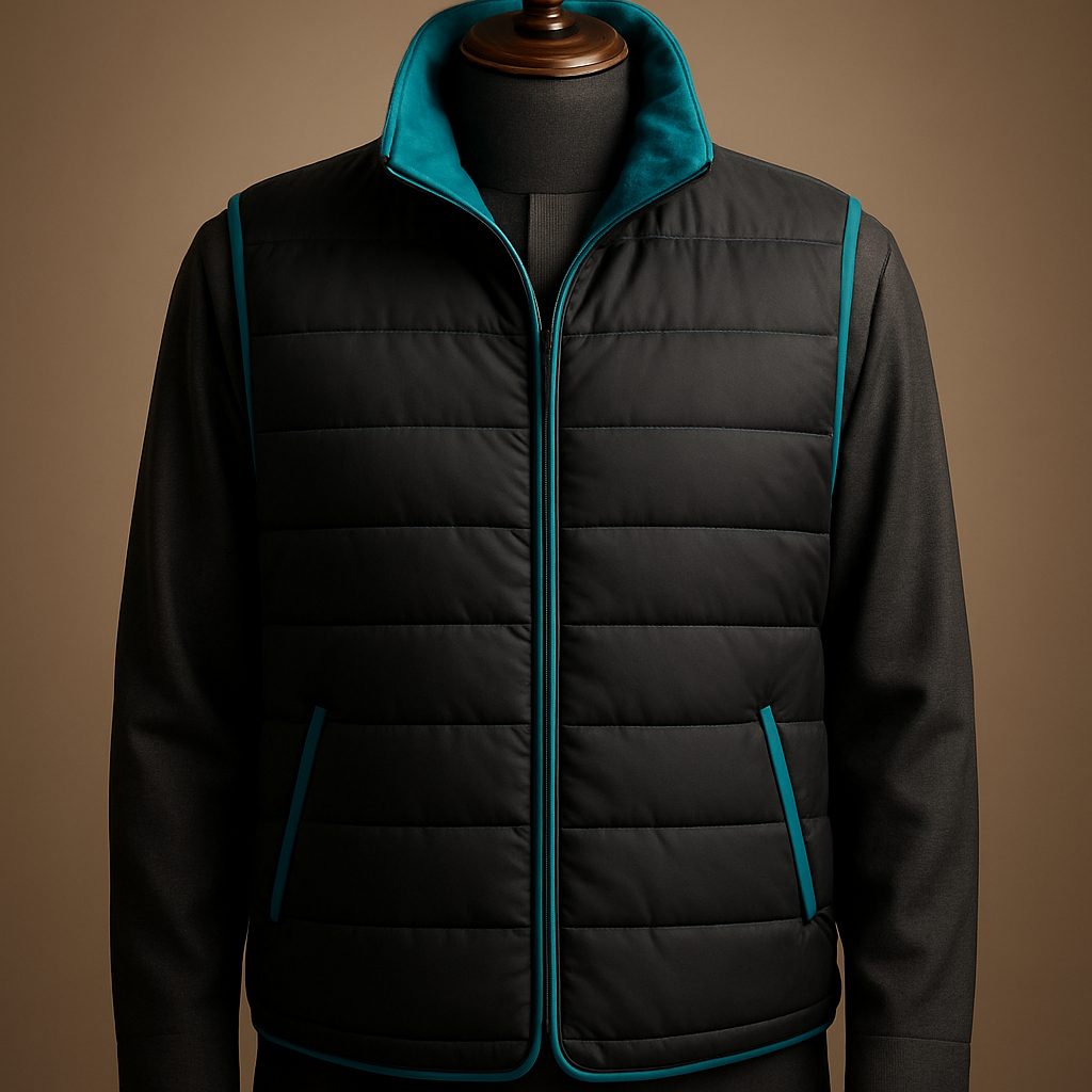 
"Photorealistic product shot of an original men's reversible quilted vest on a premium polished wooden full‑torso mannequin. Primary side: matte black fabric with horizontal channel quilting; accent trims and pocket edges in turquoise blue (warm turquoise). Collar: detachable funnel collar lined with matching turquoise fleece (soft visible pile inside collar). Fastening: fully concealed (hidden) matte black zipper, no buttons or snap closures. Features: horizontal quilting across the body, subtle asymmetrical hem, refined visible stitch details and realistic fabric texture. Styling: worn over a dark charcoal traditional Saudi thobe, posed on a luxurious wooden mannequin. Lighting: studio luxury catalogue lighting — soft directional key light from left, gentle rim light, neutral warm backdrop, shallow depth of field. Camera: 85mm, f/4, high detail, ultra‑realistic, commercial product photography. No logos, no text, no watermark, not a replica."

"Photorealistic front product shot of the reversible quilted vest on a polished wooden full‑torso mannequin. Matte black primary, turquoise trims; detachable funnel collar showing turquoise fleece lining; concealed hidden zipper (no buttons). Straight‑on view, even studio lighting, soft shadows, sharp fabric texture and pocket/zipper details visible. Camera: 50mm, f/5.6, neutral warm backdrop, commercial catalogue style. No logos, no text."

"Extreme close‑up of vest fabric and stitching: horizontal quilting channels, turquoise piping, hidden zipper seam detail, and soft turquoise fleece visible inside the collar. Macro detail, true fabric grain, studio lighting for texture emphasis, high dynamic range, ultra realistic. Camera: 100mm macro, f/8, focus stacking if possible. No logos, no watermark."

اختصار لـ Midjourney
"Photorealistic men's reversible quilted vest on premium wooden mannequin — matte black primary, turquoise blue accents, collar lined with matching turquoise fleece, fully concealed zipper (no buttons), horizontal quilting, over dark charcoal Saudi thobe, studio luxury lighting, shallow DOF, ultra‑realistic, no logos —ar 3:4 --q 2 --stylize 50"


"Photorealistic product shot of an original men's reversible quilted vest on a premium polished wooden full‑torso mannequin. Primary side: matte black fabric with horizontal channel quilting; accent trims and pocket edges in turquoise blue (warm turquoise). Collar: detachable funnel collar lined with matching turquoise fleece (soft visible pile inside collar). Fastening: fully concealed (hidden) matte black zipper, no buttons or snap closures. Features: horizontal quilting across the body, subtle asymmetrical hem, refined visible stitch details and realistic fabric texture. Styling: worn over a dark charcoal traditional Saudi thobe, posed on a luxurious wooden mannequin. Lighting: studio luxury catalogue lighting — soft directional key light from left, gentle rim light, neutral warm backdrop, shallow depth of field. Camera: 85mm, f/4, high detail, ultra‑realistic, commercial product photography. No logos, no text, no watermark, not a replica."

"Photorealistic front product shot of the reversible quilted vest on a polished wooden full‑torso mannequin. Matte black primary, turquoise trims; detachable funnel collar showing turquoise fleece lining; concealed hidden zipper (no buttons). Straight‑on view, even studio lighting, soft shadows, sharp fabric texture and pocket/zipper details visible. Camera: 50mm, f/5.6, neutral warm backdrop, commercial catalogue style. No logos, no text."

"Extreme close‑up of vest fabric and stitching: horizontal quilting channels, turquoise piping, hidden zipper seam detail, and soft turquoise fleece visible inside the collar. Macro detail, true fabric grain, studio lighting for texture emphasis, high dynamic range, ultra realistic. Camera: 100mm macro, f/8, focus stacking if possible. No logos, no watermark."

اختصار لـ Midjourney
"Photorealistic men's reversible quilted vest on premium wooden mannequin — matte black primary, turquoise blue accents, collar lined with matching turquoise fleece, fully concealed zipper (no buttons), horizontal quilting, over dark charcoal Saudi thobe, studio luxury lighting, shallow DOF, ultra‑realistic, no logos —ar 3:4 --q 2 --stylize 50"