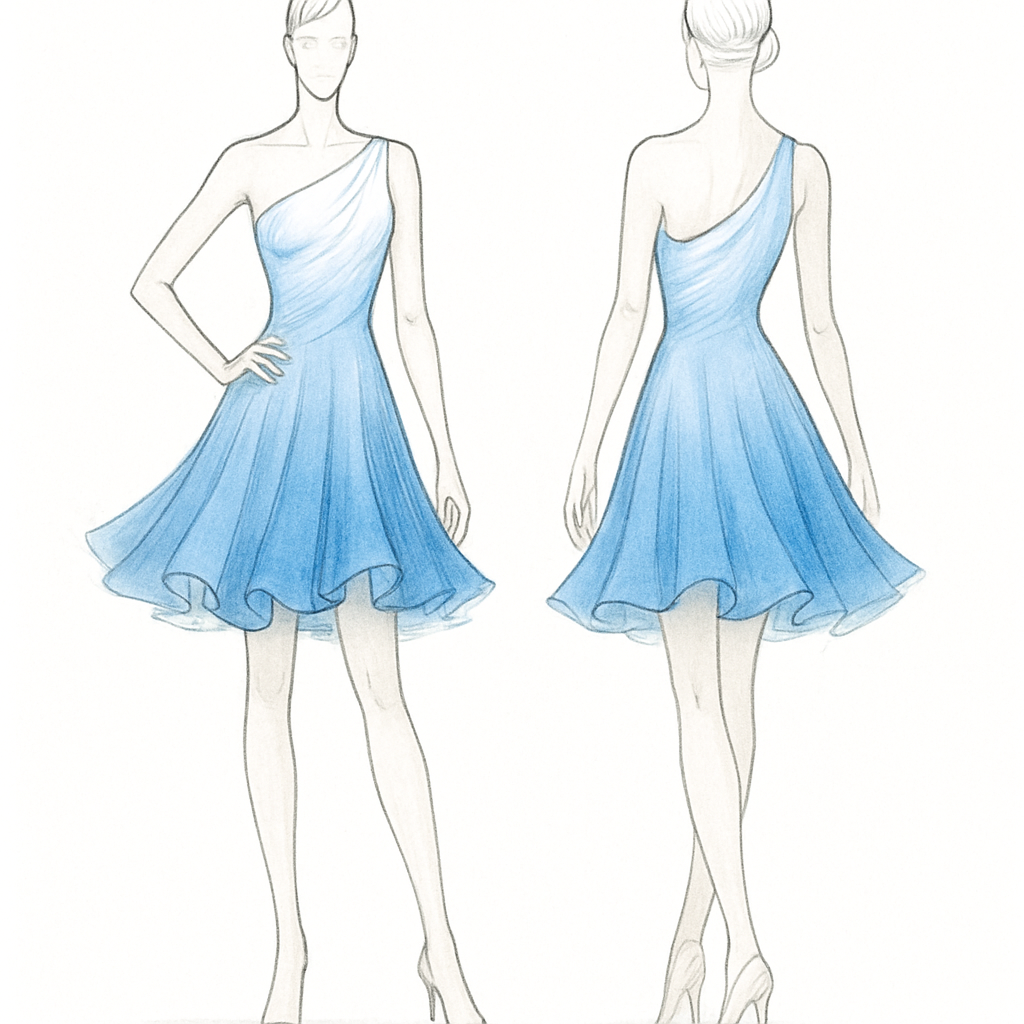 rumba dance dress, one shoulder design, inspired by American Smooth style, elegant and sexy, flared skirt that spreads beautifully when spinning, white and right blue gradient fabric, chiffon layers, fashion sketch style, front and back view, skirt volume down

rumba dance dress, one shoulder design, inspired by American Smooth style, elegant and sexy, flared skirt that spreads beautifully when spinning, white and right blue gradient fabric, chiffon layers, fashion sketch style, front and back view, skirt volume down