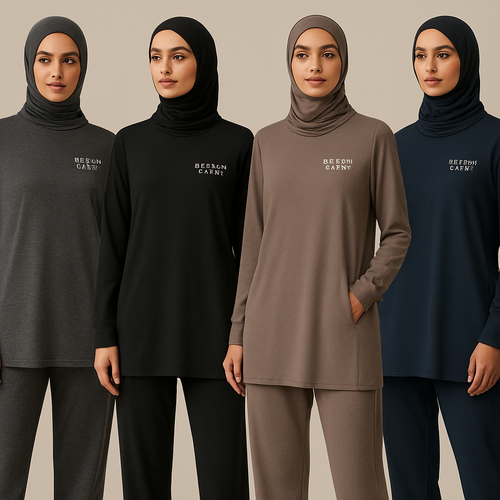 Create a revolutionary women's modest loose gym wear brand called "Modest Fleur". Display the brand name on the in a unique design on the upper right side, in small thick writing that exudes a classy and sophisticated vibe. I'd like four designs, each showcasing different styles and fabrics, with high-end, chic designs to make them truly special. Making it first design in the world 