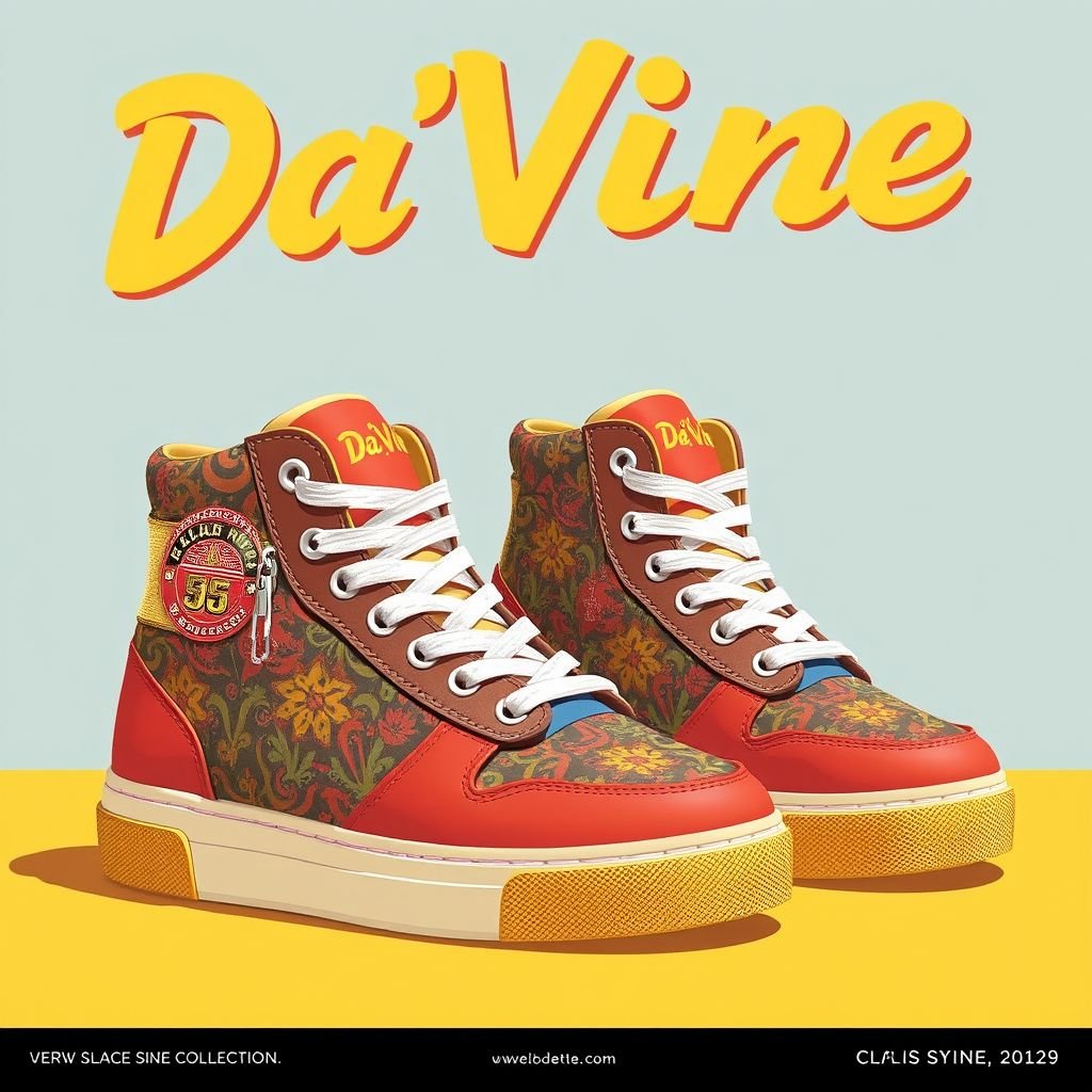 Create me a low and high top shoe that has never been created. My brand name is “Da’Vine”, short you can put “DV”.
Design a unique retro-inspired shoe collection for "Da'Vine" (DV), featuring a low-top and high-top silhouette. Infuse bold color blocking and playful patterns reminiscent of the 70s, complete with a chunky sole and vintage lace detailing. Incorporate metallic accents and vibrant retro prints, bringing nostalgic flair to modern street style.